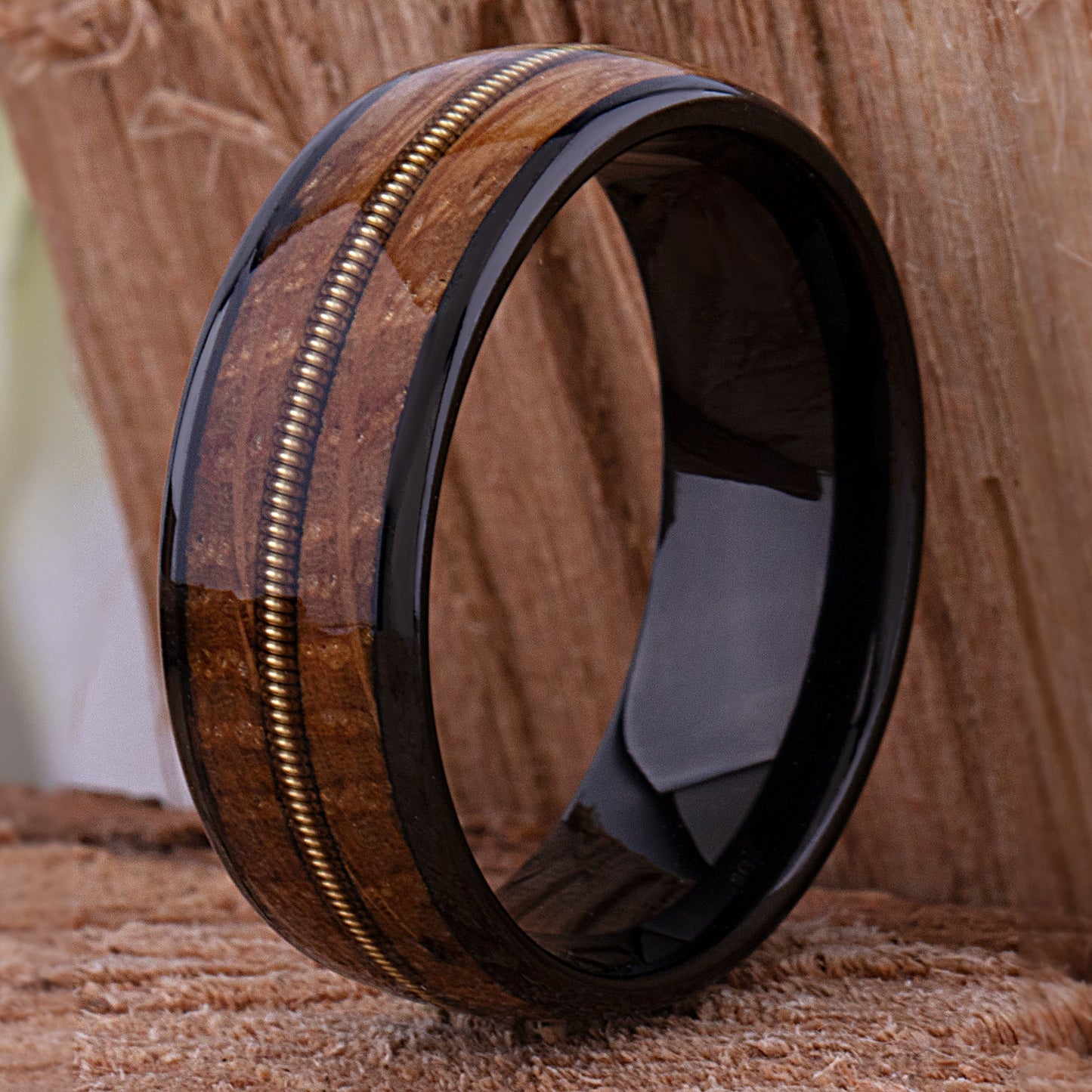 Black Tungsten Wedding Band or Engagement Ring 8mm Wide with Whiskey Wood and Guitar String