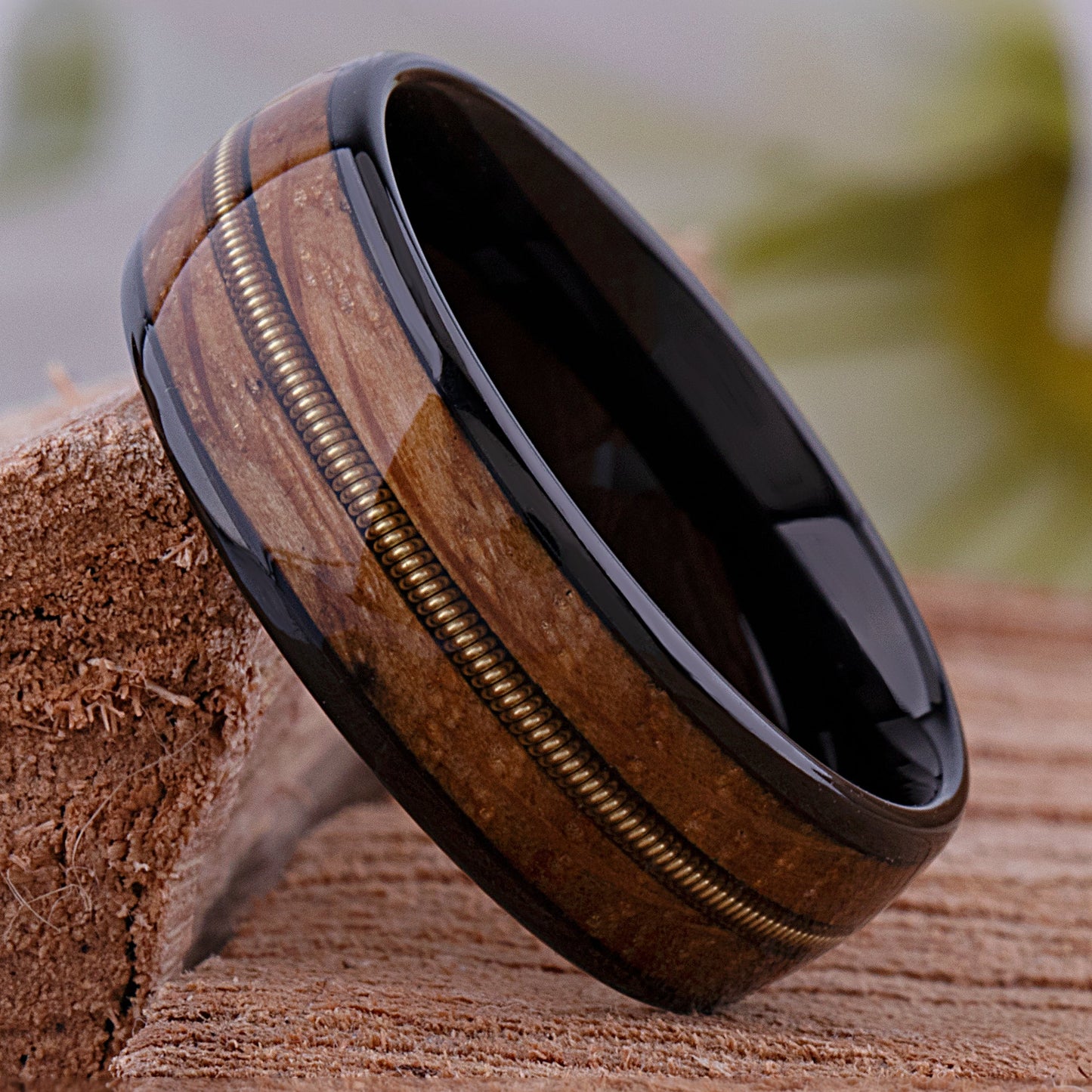 Black Tungsten Wedding Band or Engagement Ring 8mm Wide with Whiskey Wood and Guitar String