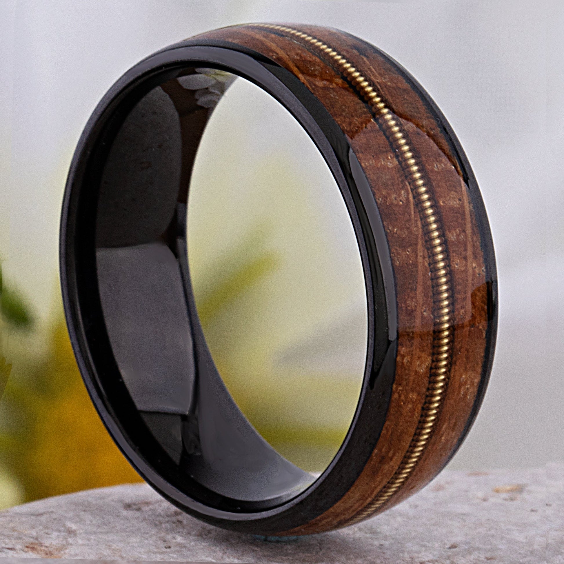 Black Tungsten Wedding Band or Engagement Ring 8mm Wide with Whiskey Wood and Guitar String