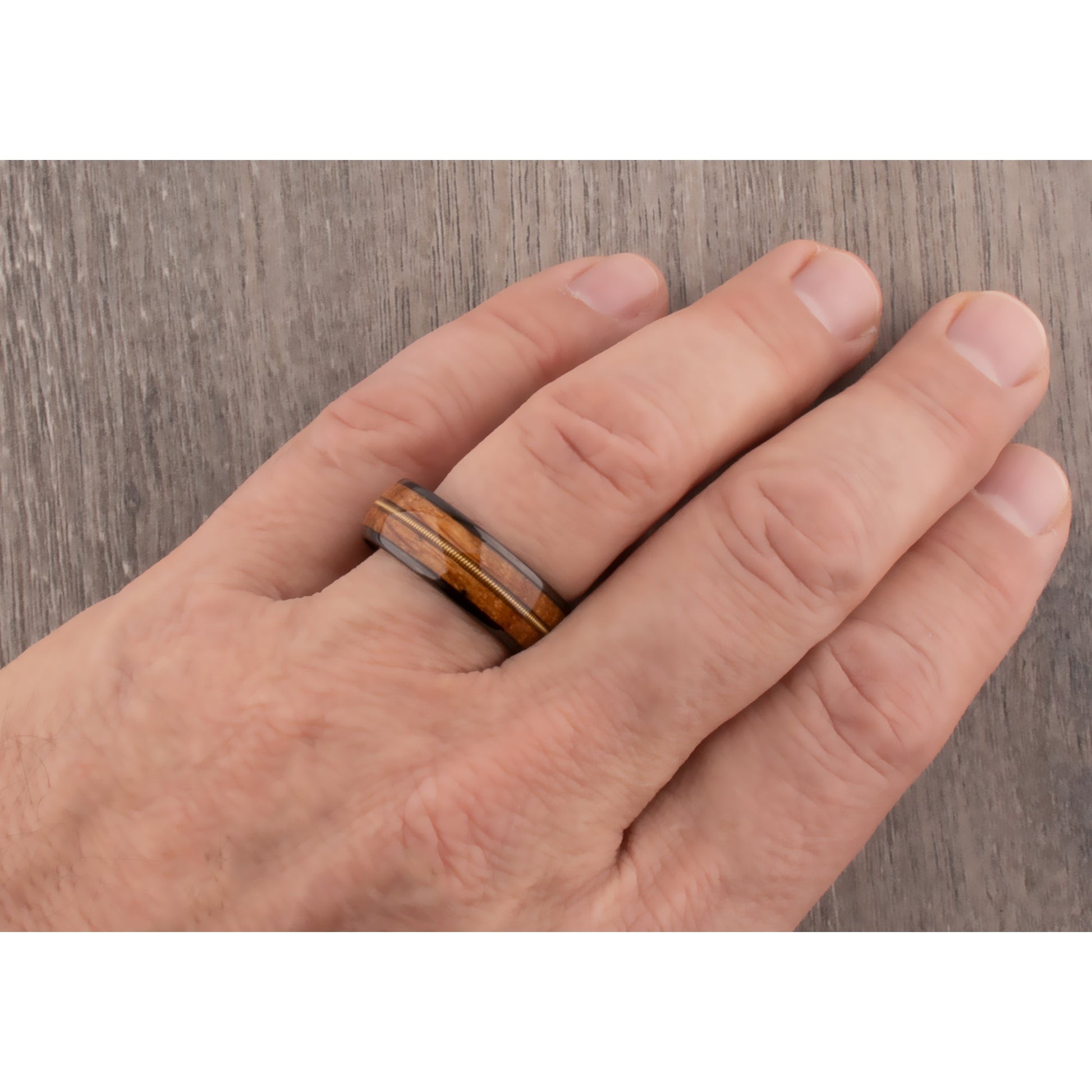 Black Tungsten Wedding Band or Engagement Ring 8mm Wide with Whiskey Wood and Guitar String