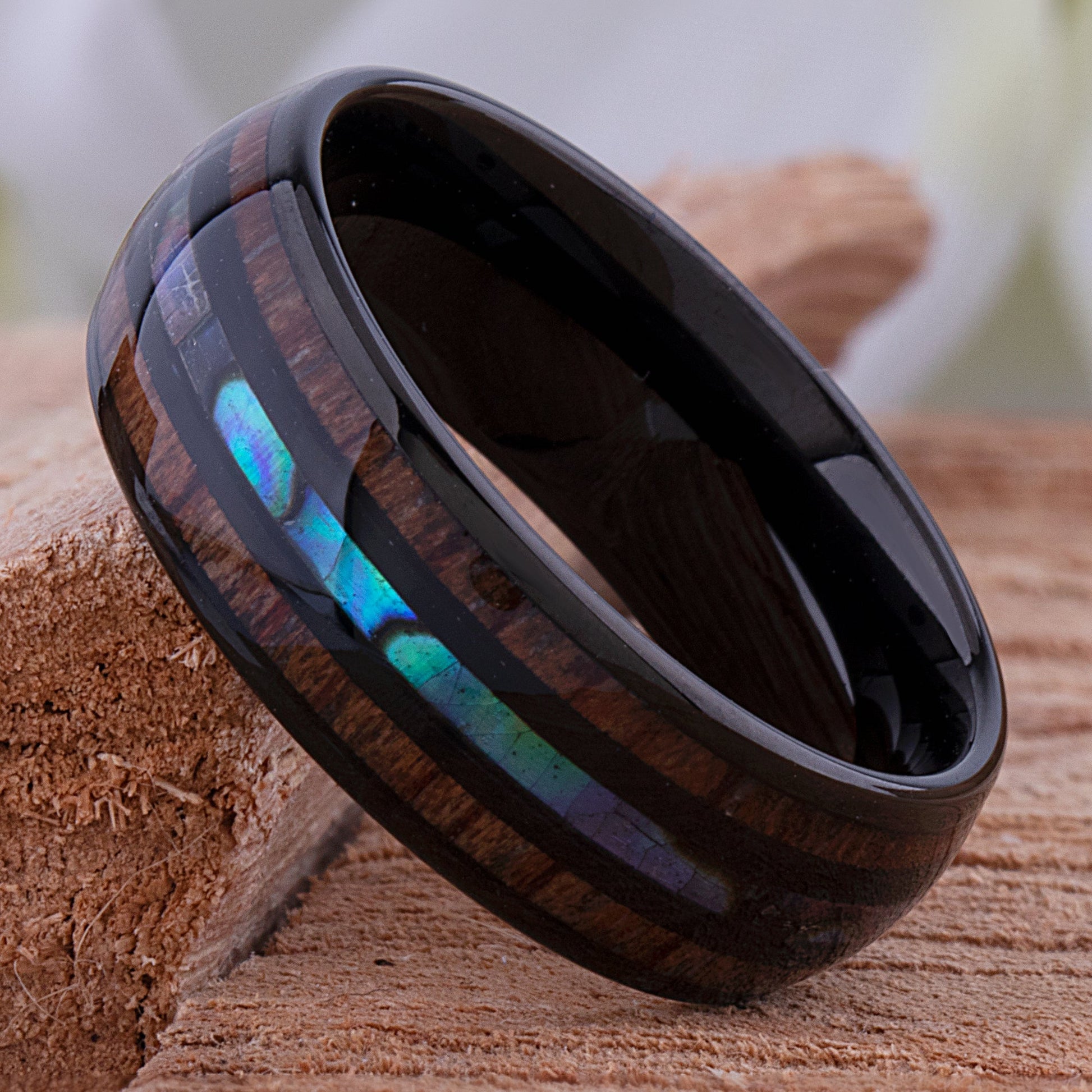 Black Tungsten Wedding Ring or Engagement Band 8mm Wide with Natural Koa Wood and Abalone Shell Inlay