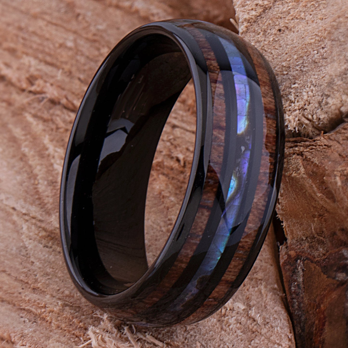 Black Tungsten Wedding Ring or Engagement Band 8mm Wide with Natural Koa Wood and Abalone Shell Inlay