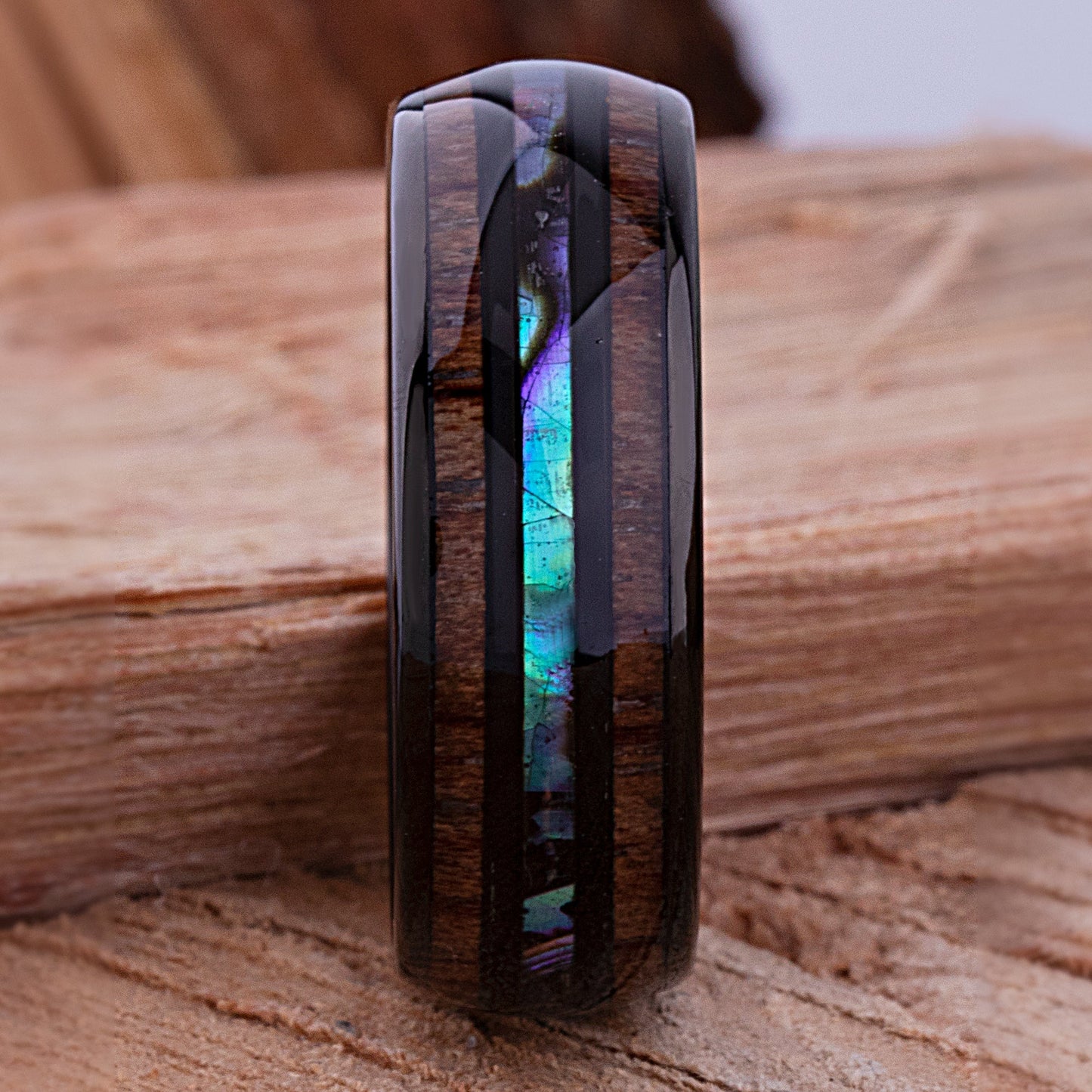 Black Tungsten Wedding Ring or Engagement Band 8mm Wide with Natural Koa Wood and Abalone Shell Inlay
