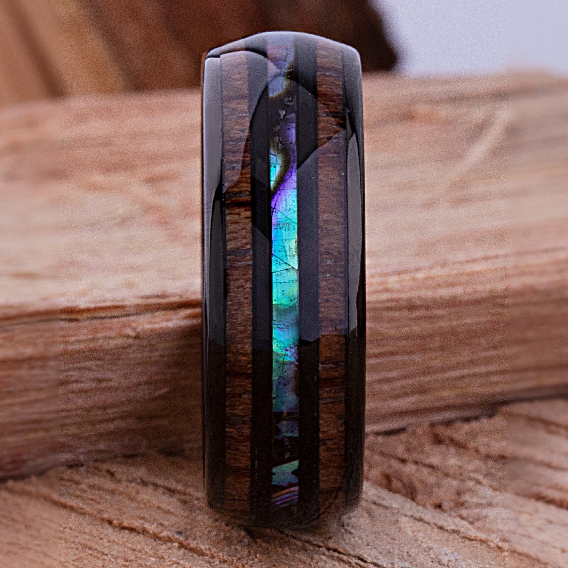 Black Tungsten Wedding Ring or Engagement Band 8mm Wide with Natural Koa Wood and Abalone Shell Inlay