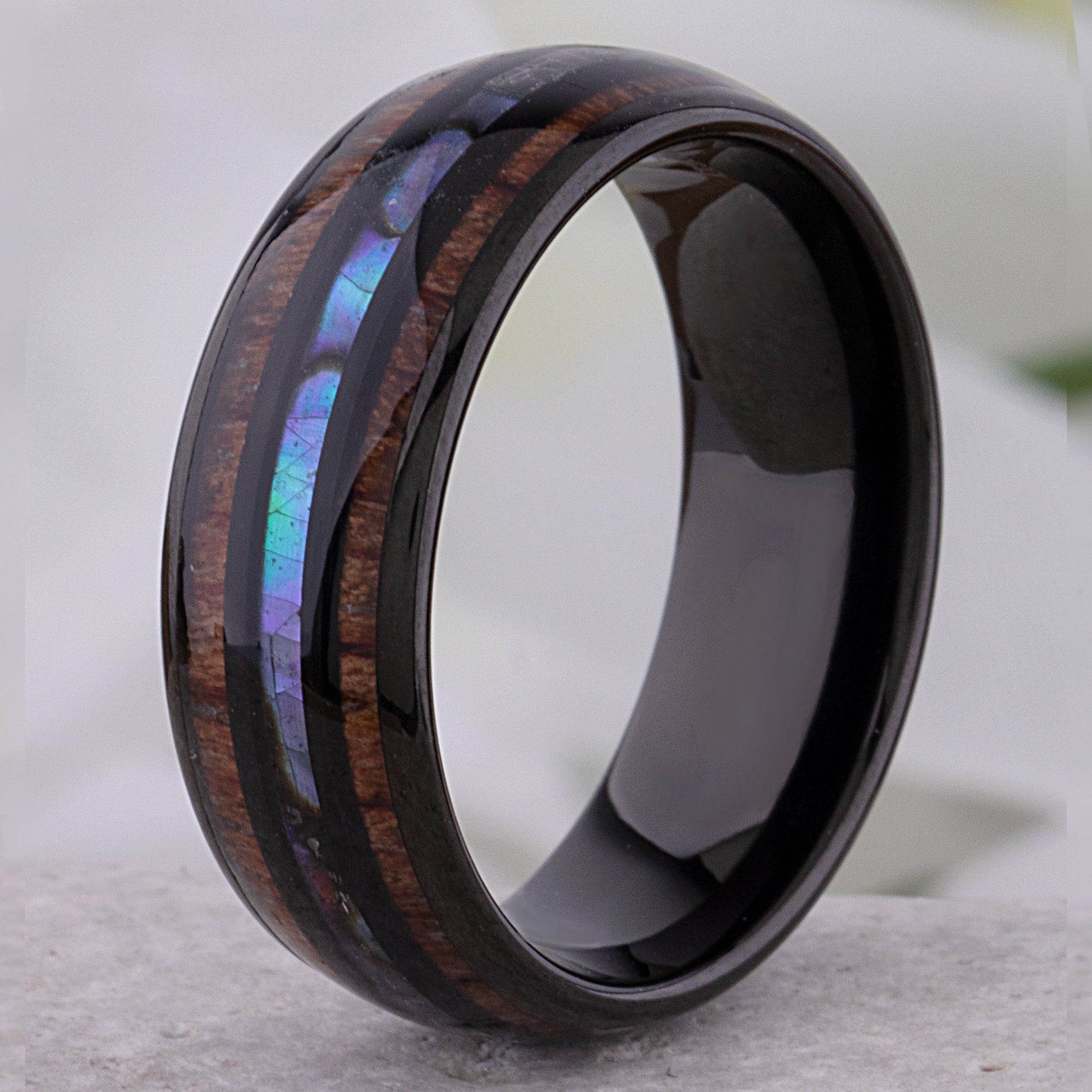 Black Tungsten Wedding Ring or Engagement Band 8mm Wide with Natural Koa Wood and Abalone Shell Inlay