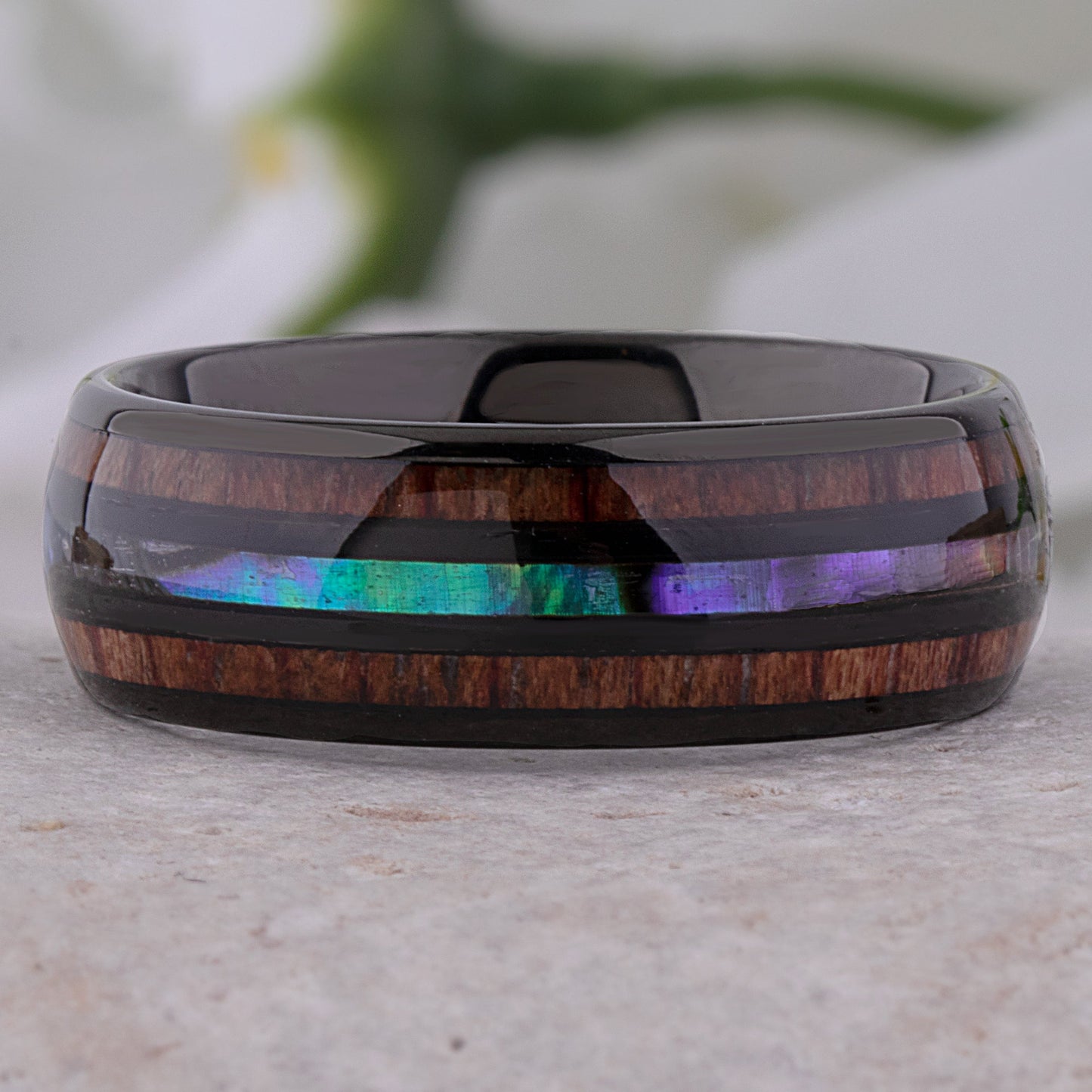 Black Tungsten Wedding Ring or Engagement Band 8mm Wide with Natural Koa Wood and Abalone Shell Inlay