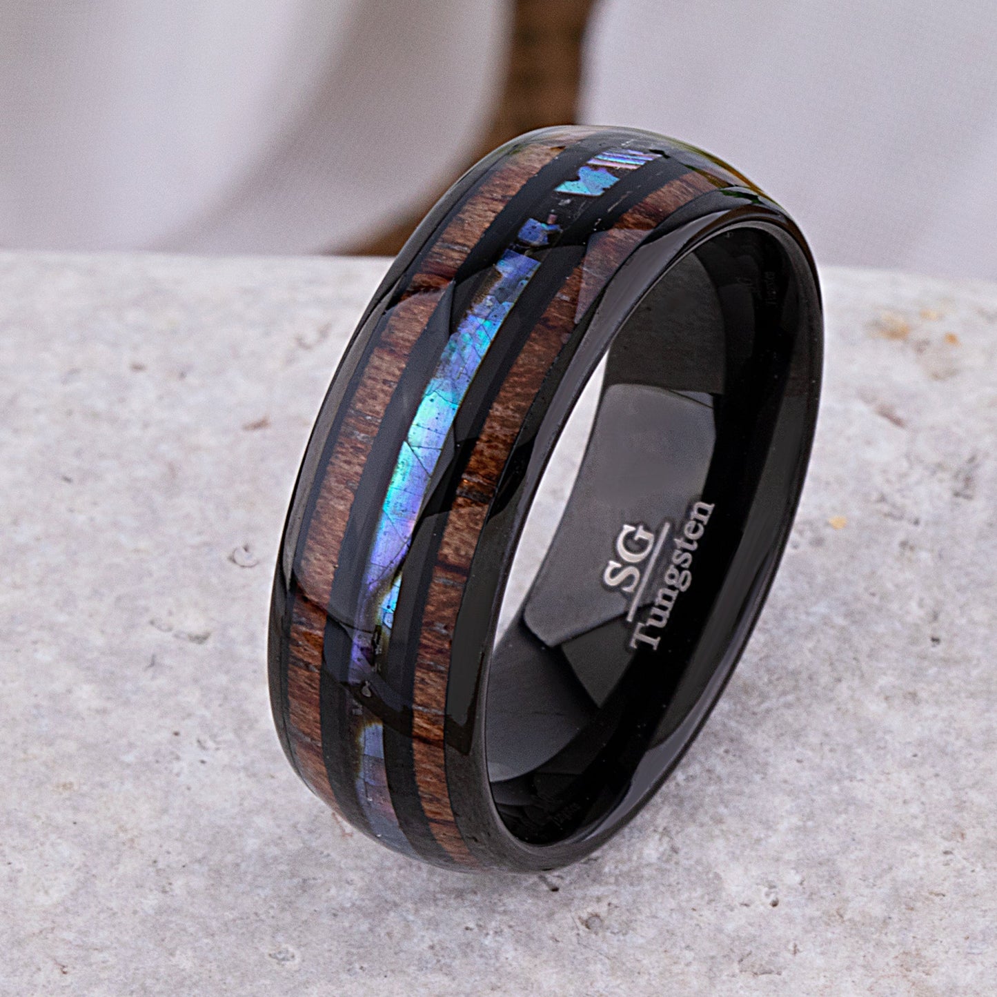 Black Tungsten Wedding Ring or Engagement Band 8mm Wide with Natural Koa Wood and Abalone Shell Inlay