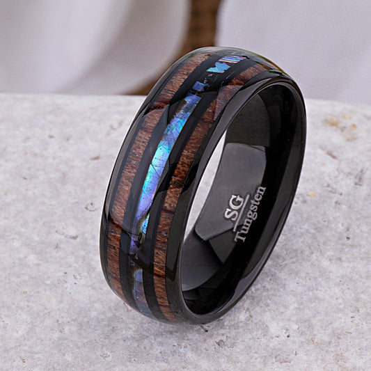 Black Tungsten Wedding Ring or Engagement Band 8mm Wide with Natural Koa Wood and Abalone Shell Inlay