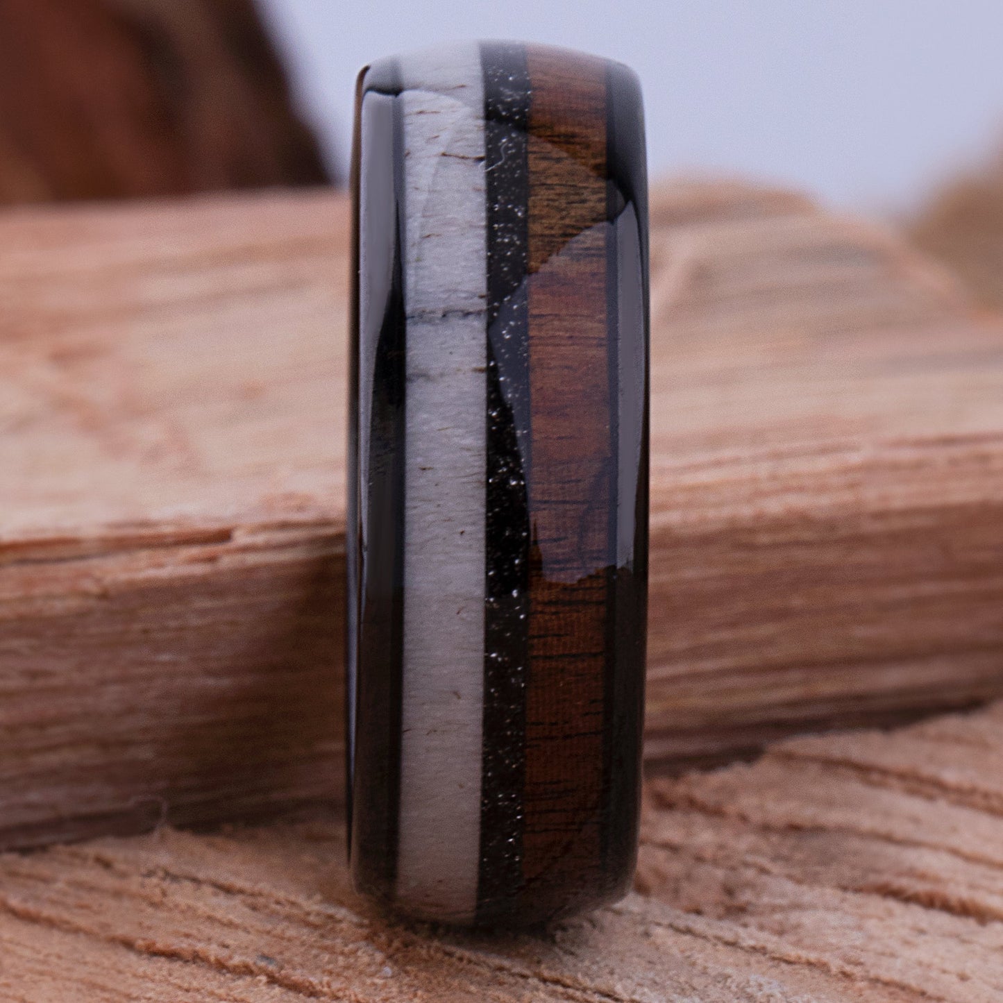 Tungsten Carbide Men's Wedding Band or Man's Engagement Ring, 8mm Wide with Natural Koa Wood, Deer Antler and Black Sand Inlay