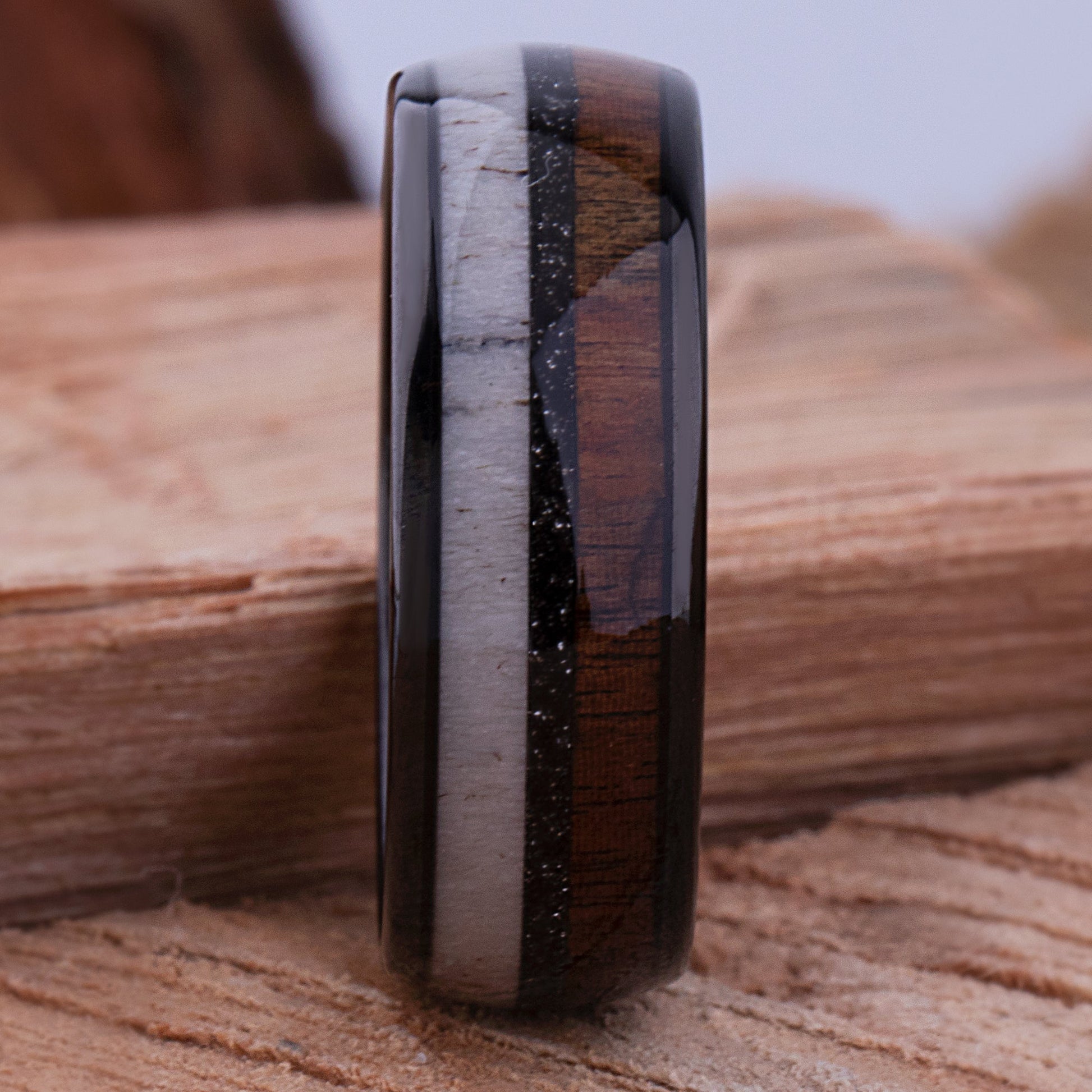 Tungsten Carbide Men's Wedding Band or Man's Engagement Ring, 8mm Wide with Natural Koa Wood, Deer Antler and Black Sand Inlay