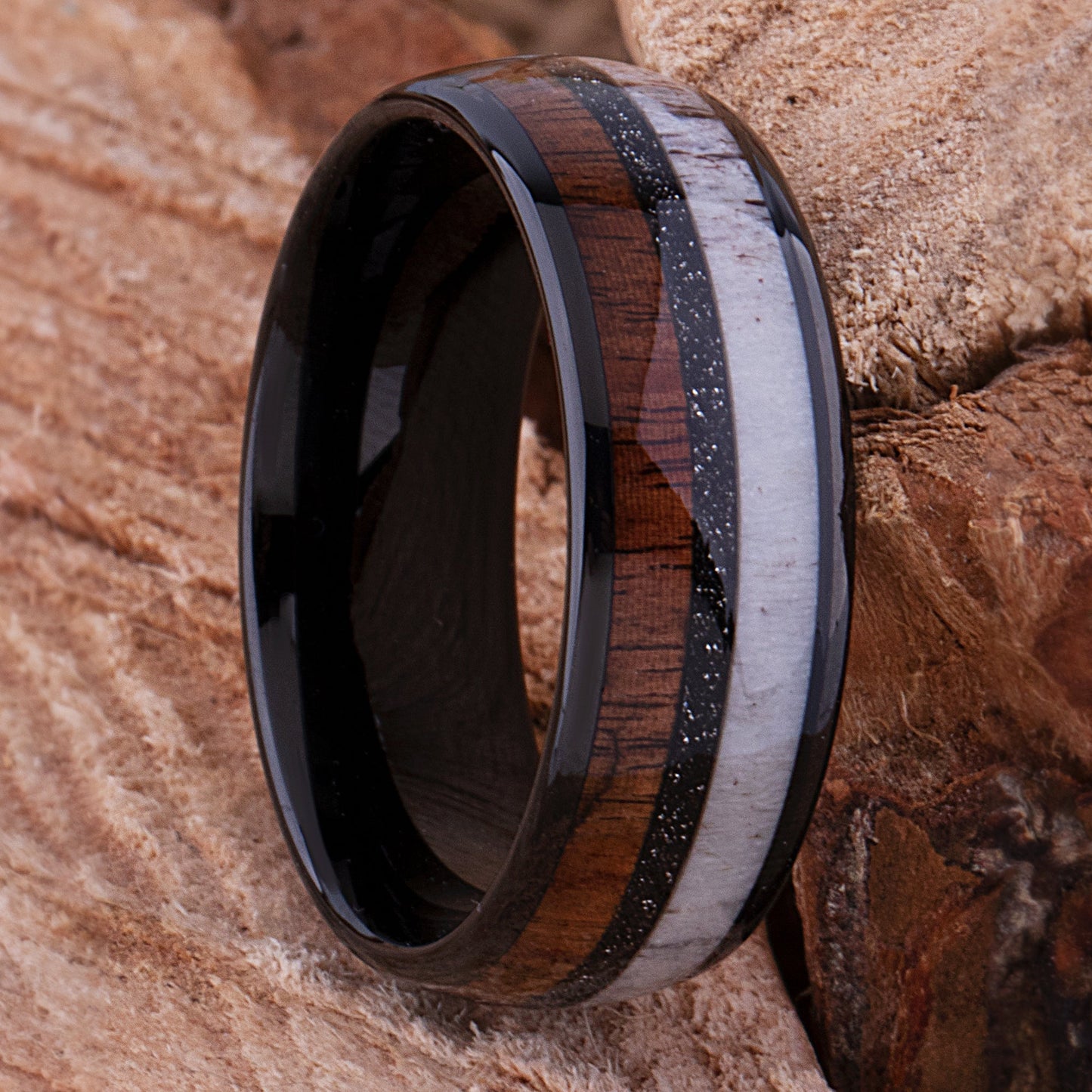 Tungsten Carbide Men's Wedding Band or Man's Engagement Ring, 8mm Wide with Natural Koa Wood, Deer Antler and Black Sand Inlay