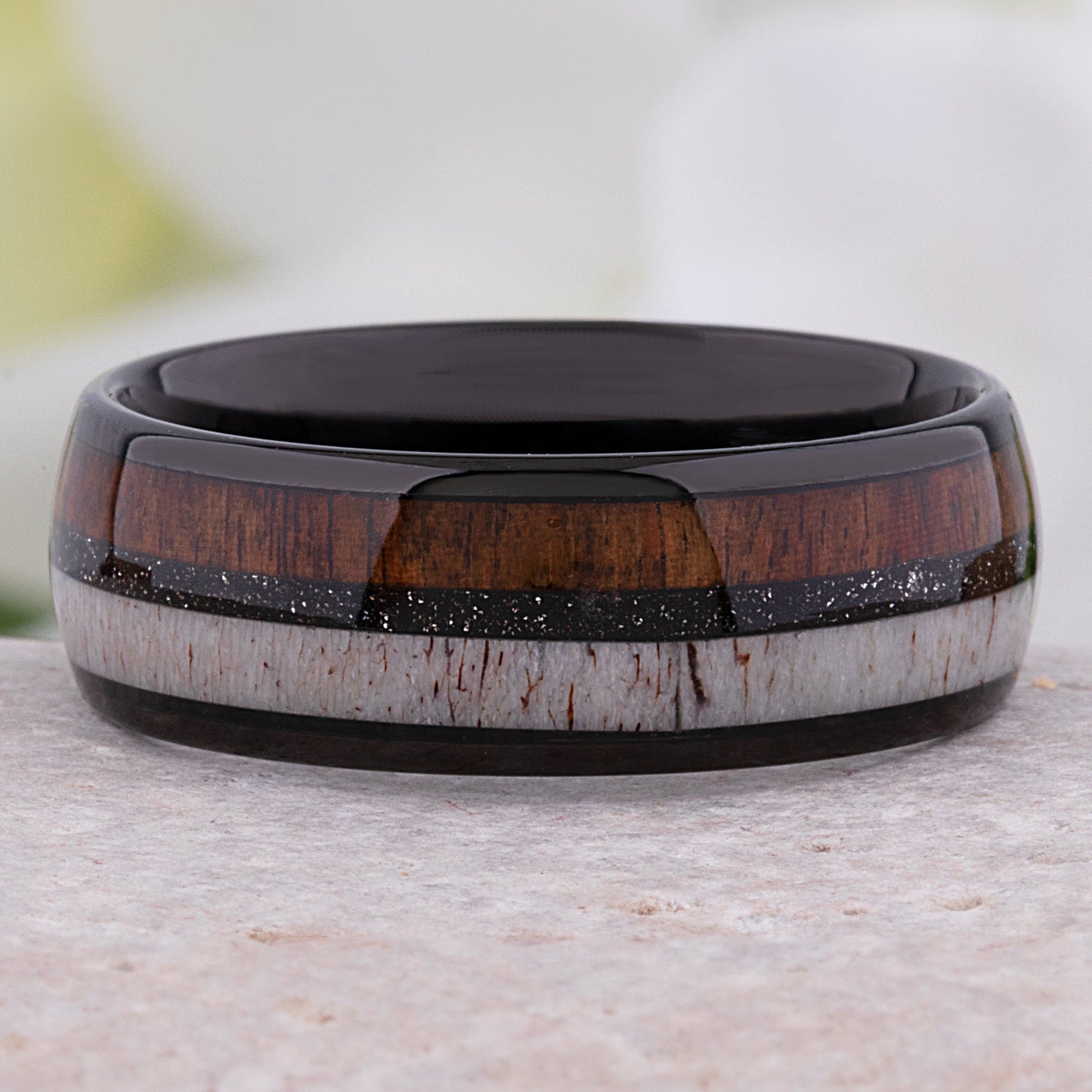 Tungsten Carbide Men's Wedding Band or Man's Engagement Ring, 8mm Wide with Natural Koa Wood, Deer Antler and Black Sand Inlay