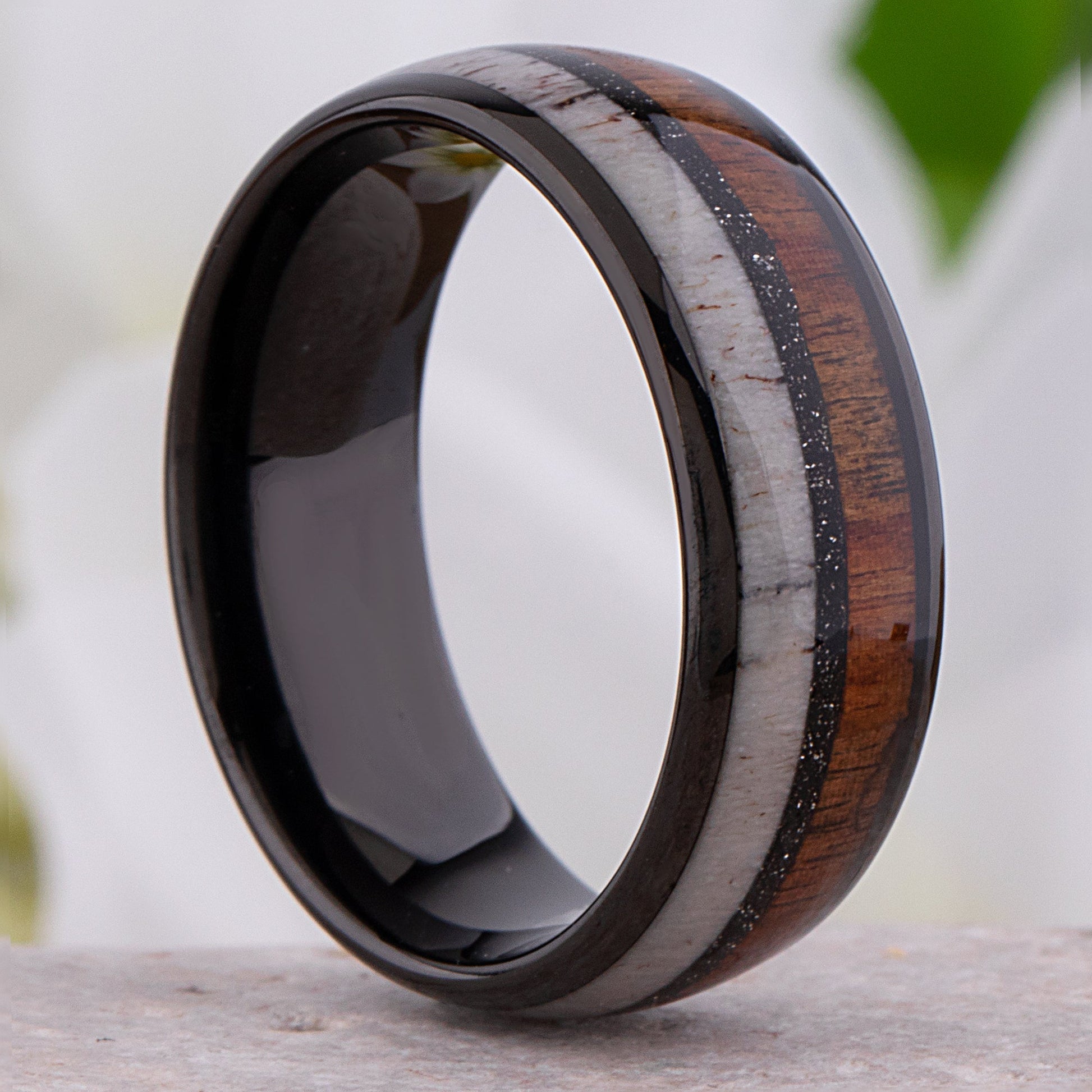 Tungsten Carbide Men's Wedding Band or Man's Engagement Ring, 8mm Wide with Natural Koa Wood, Deer Antler and Black Sand Inlay