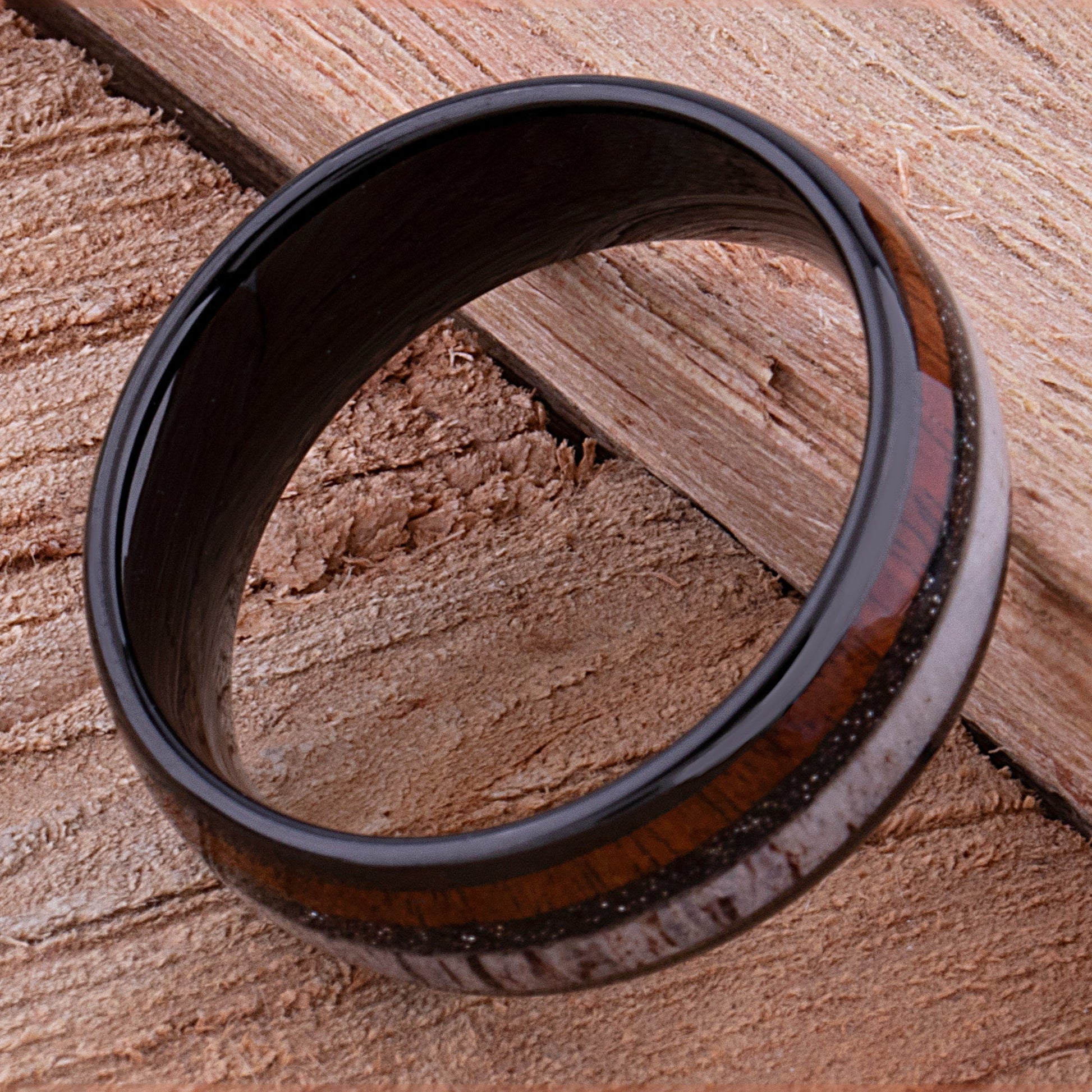 Tungsten Carbide Men's Wedding Band or Man's Engagement Ring, 8mm Wide with Natural Koa Wood, Deer Antler and Black Sand Inlay