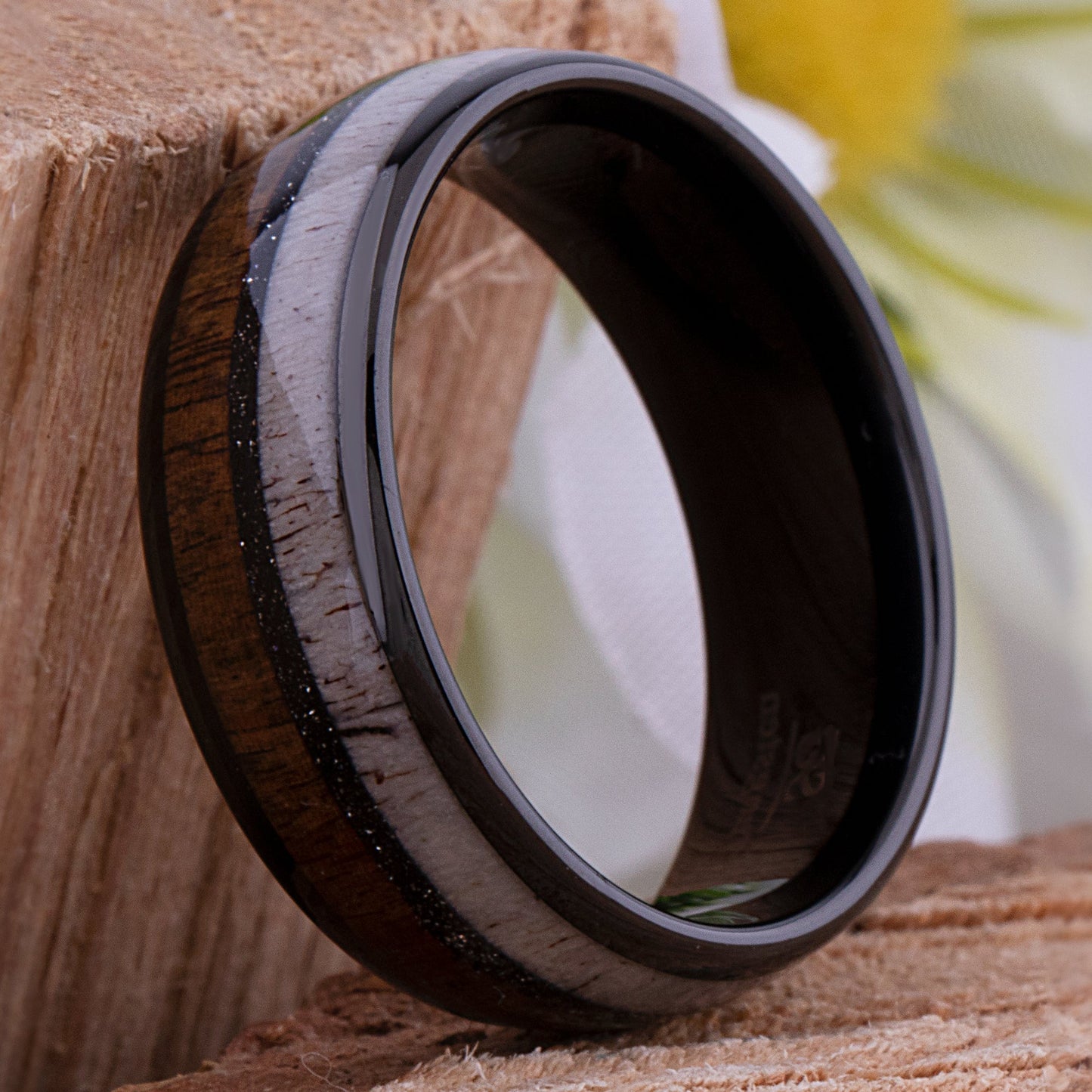 Tungsten Carbide Men's Wedding Band or Man's Engagement Ring, 8mm Wide with Natural Koa Wood, Deer Antler and Black Sand Inlay