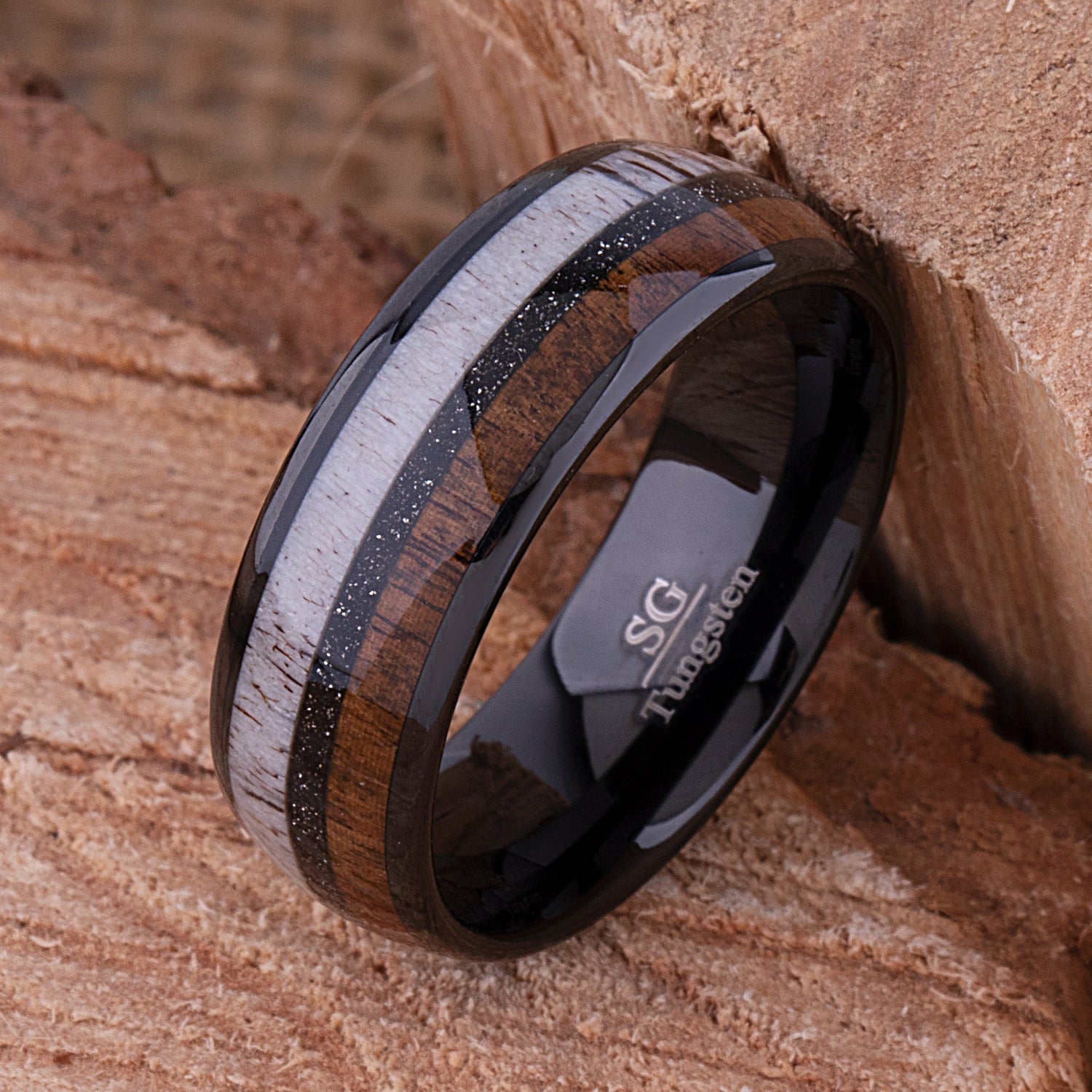 Tungsten Carbide Men's Wedding Band or Man's Engagement Ring, 8mm Wide with Natural Koa Wood, Deer Antler and Black Sand Inlay