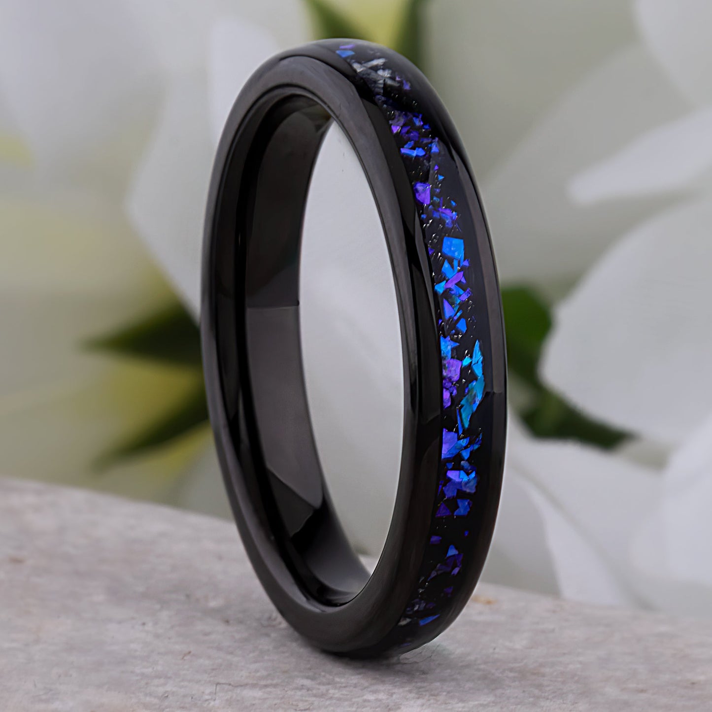 Celestial Galaxy Tungsten Wedding Band or Engagement Ring 4mm Wide Black IP Plating with Crushed Sandstone Inlay that Mimics the Orion Nebula