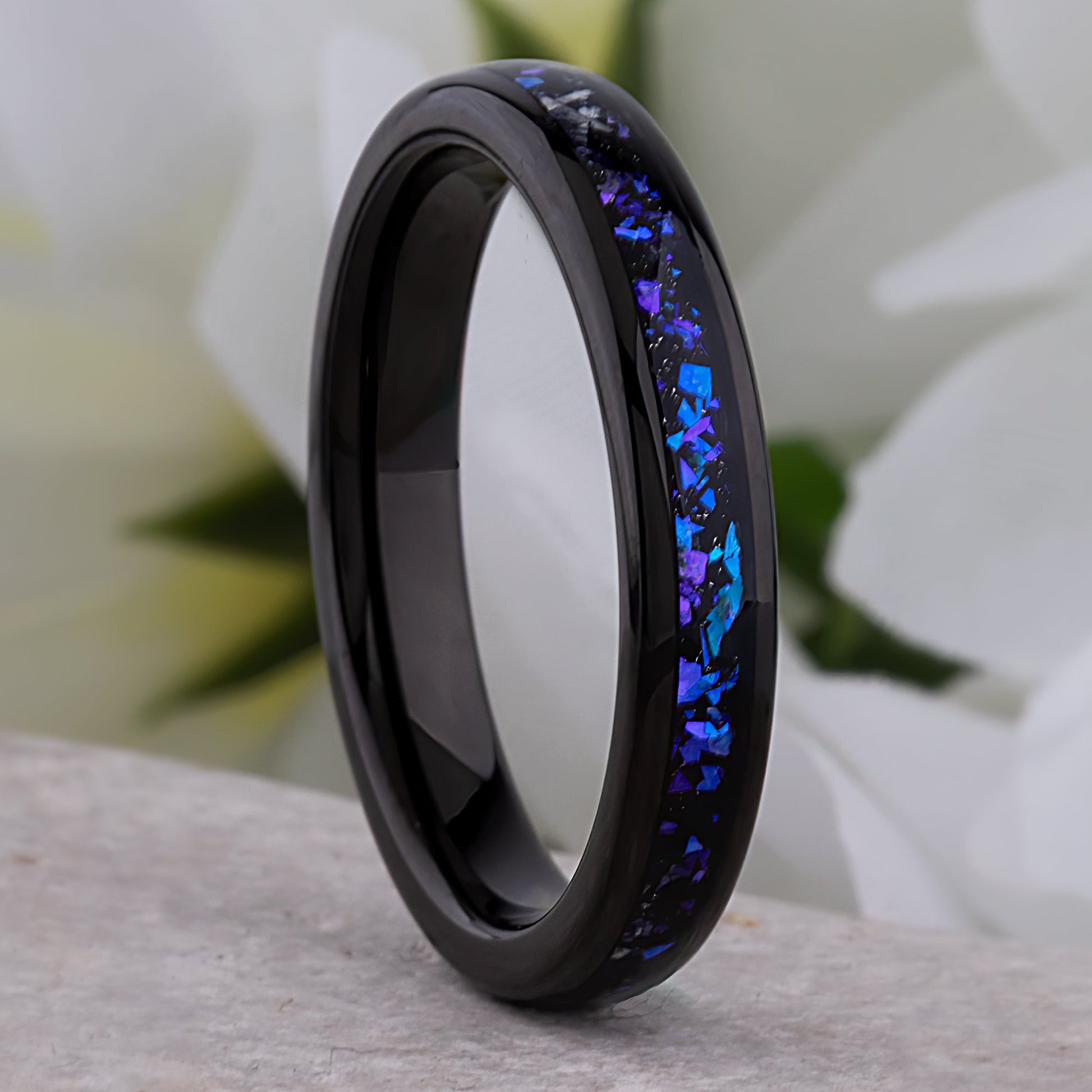 Celestial Galaxy Tungsten Wedding Band or Engagement Ring 4mm Wide Black IP Plating with Crushed Sandstone Inlay that Mimics the Orion Nebula