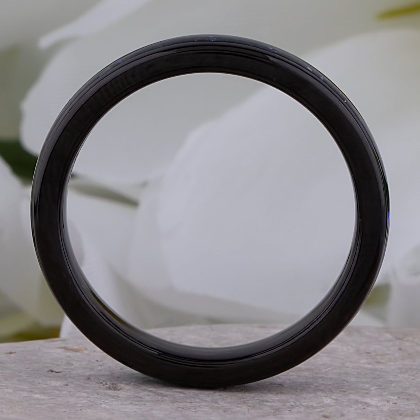 Celestial Galaxy Tungsten Wedding Band or Engagement Ring 4mm Wide Black IP Plating with Crushed Sandstone Inlay that Mimics the Orion Nebula