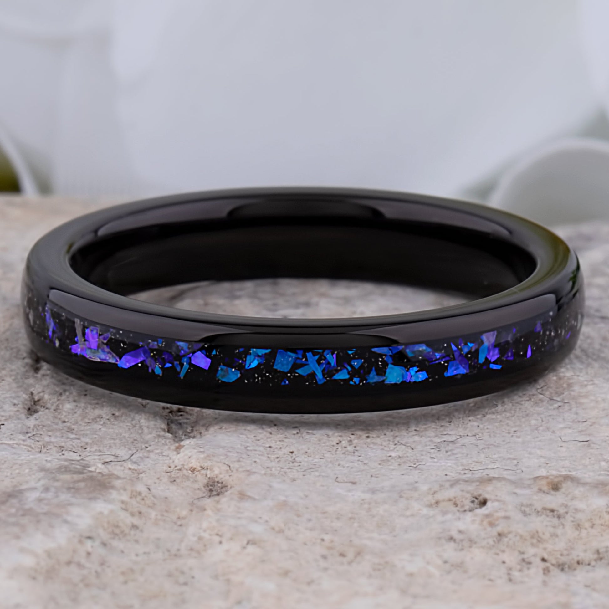 Celestial Galaxy Tungsten Wedding Band or Engagement Ring 4mm Wide Black IP Plating with Crushed Sandstone Inlay that Mimics the Orion Nebula