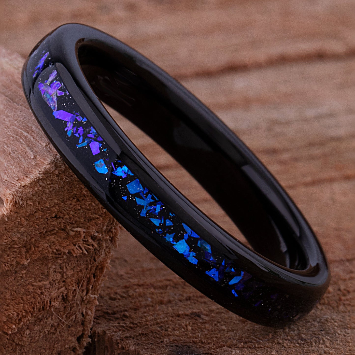 Celestial Galaxy Tungsten Wedding Band or Engagement Ring 4mm Wide Black IP Plating with Crushed Sandstone Inlay that Mimics the Orion Nebula