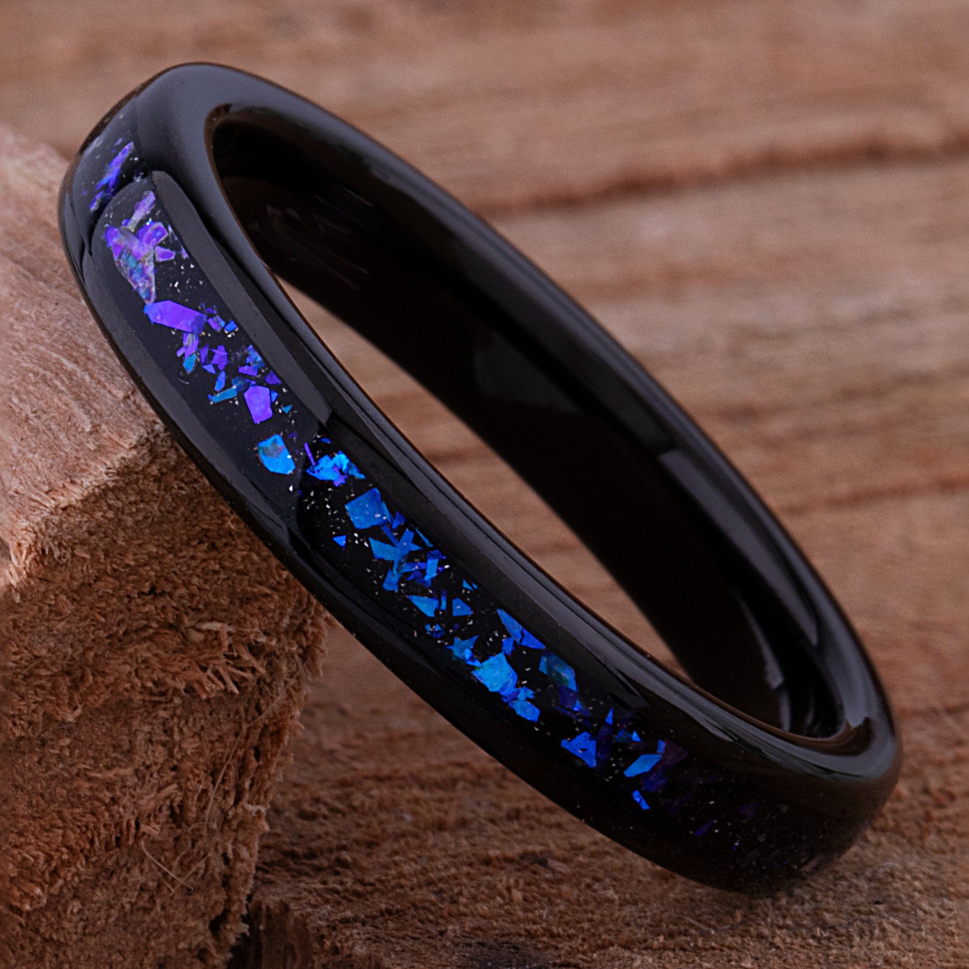 Celestial Galaxy Tungsten Wedding Band or Engagement Ring 4mm Wide Black IP Plating with Crushed Sandstone Inlay that Mimics the Orion Nebula