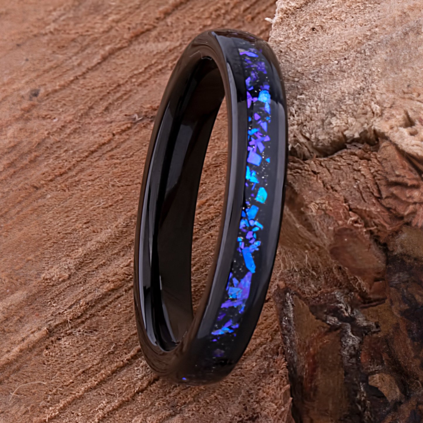 Celestial Galaxy Tungsten Wedding Band or Engagement Ring 4mm Wide Black IP Plating with Crushed Sandstone Inlay that Mimics the Orion Nebula