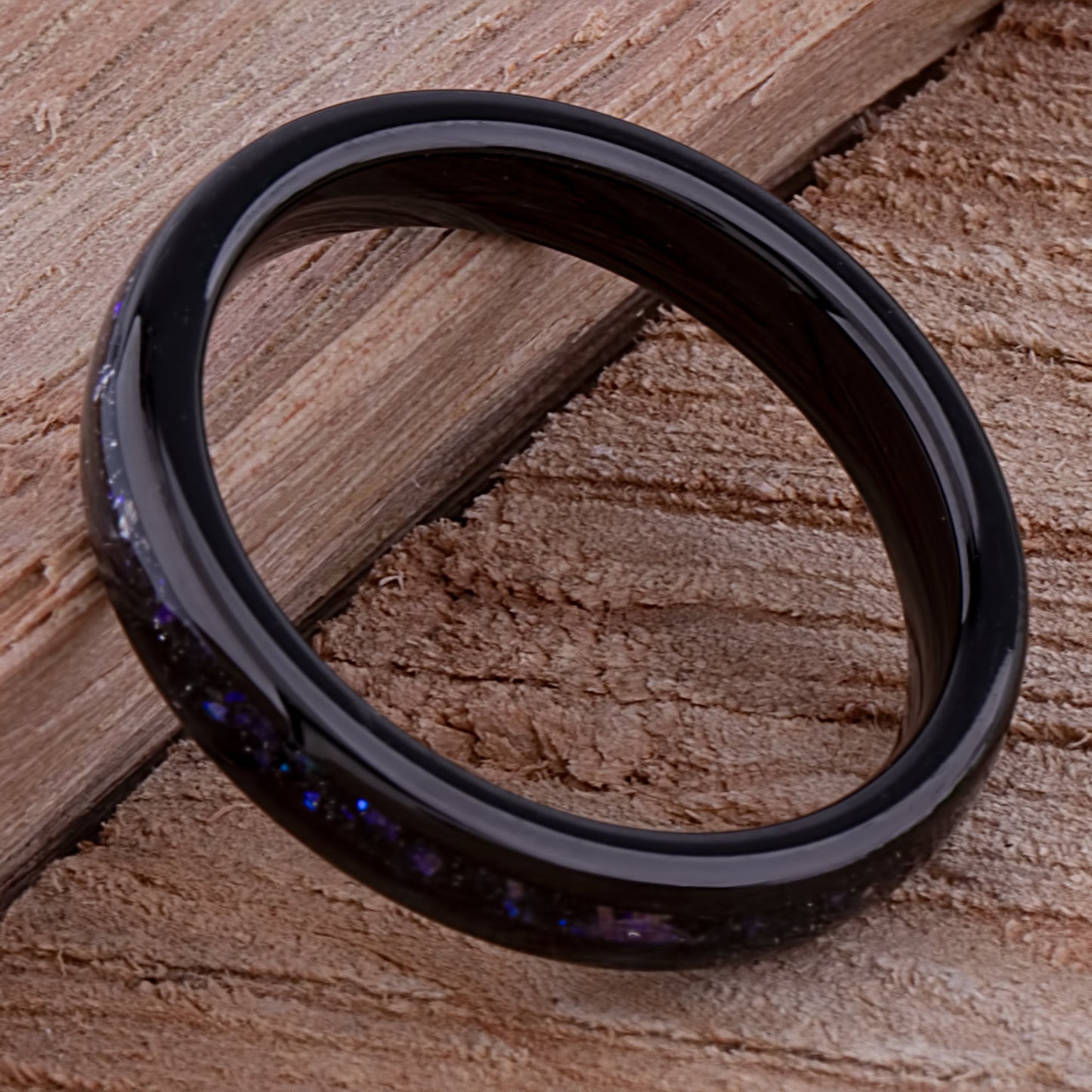 Celestial Galaxy Tungsten Wedding Band or Engagement Ring 4mm Wide Black IP Plating with Crushed Sandstone Inlay that Mimics the Orion Nebula