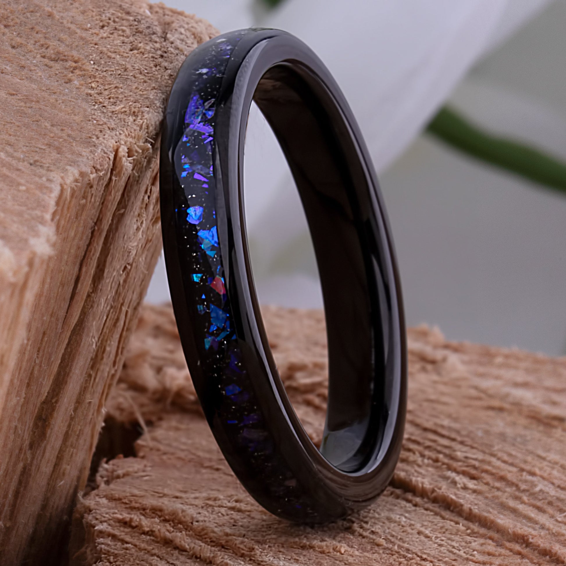 Celestial Galaxy Tungsten Wedding Band or Engagement Ring 4mm Wide Black IP Plating with Crushed Sandstone Inlay that Mimics the Orion Nebula