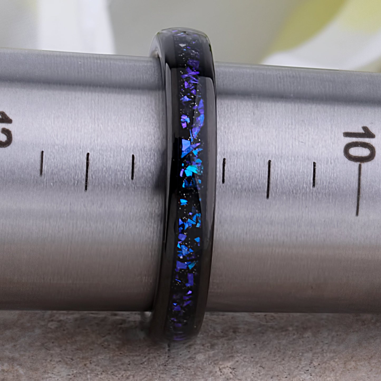 Celestial Galaxy Tungsten Wedding Band or Engagement Ring 4mm Wide Black IP Plating with Crushed Sandstone Inlay that Mimics the Orion Nebula