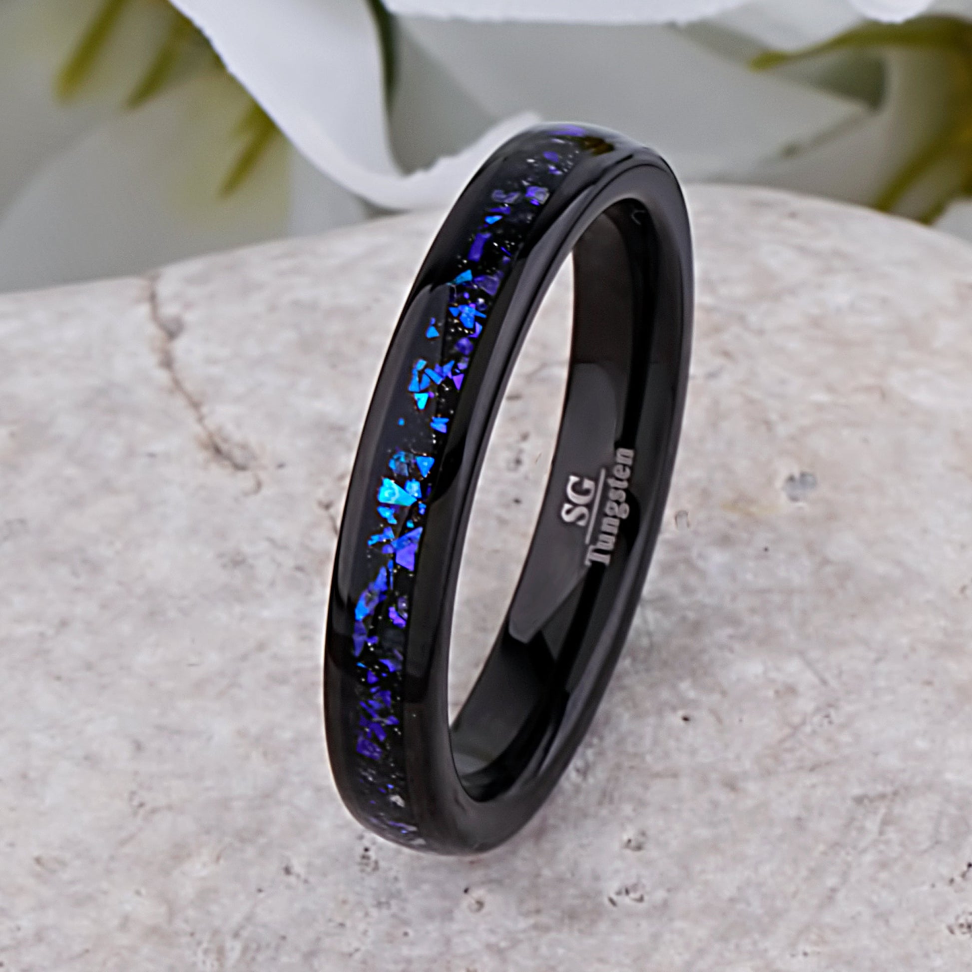 Celestial Galaxy Tungsten Wedding Band or Engagement Ring 4mm Wide Black IP Plating with Crushed Sandstone Inlay that Mimics the Orion Nebula