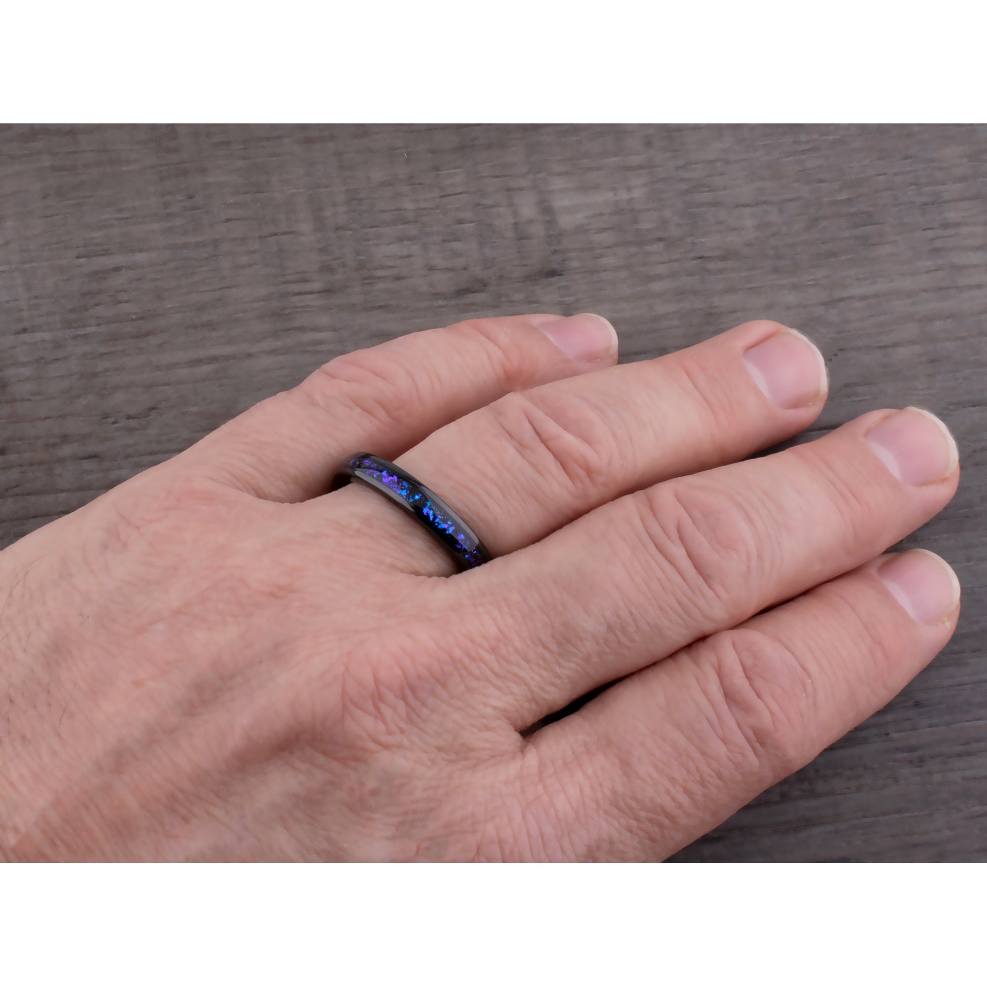 Celestial Galaxy Tungsten Wedding Band or Engagement Ring 4mm Wide Black IP Plating with Crushed Sandstone Inlay that Mimics the Orion Nebula