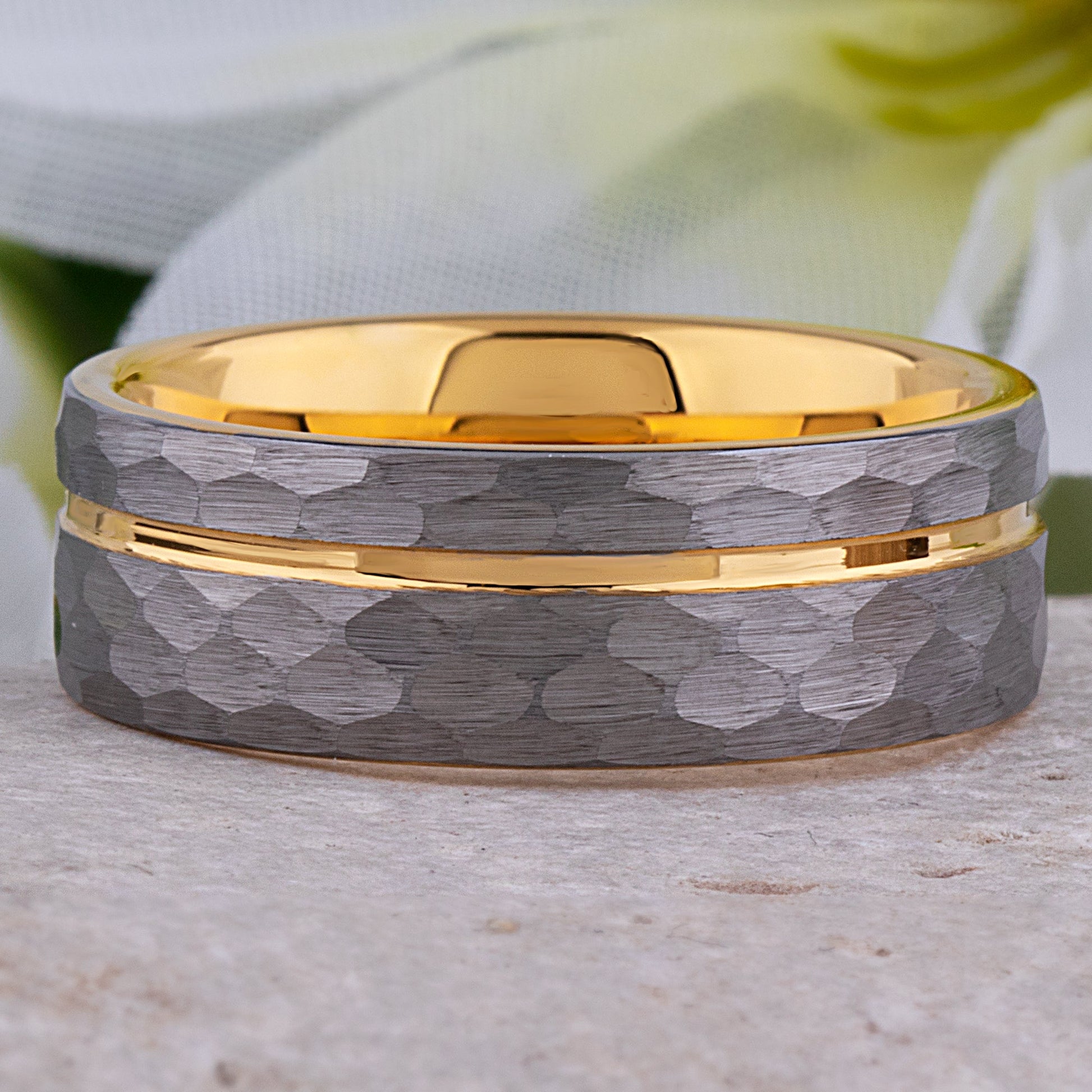 Tungsten Carbide Wedding Band 8mm Wide Satin Finish with Silver and Yellow Gold Contrasting Colors
