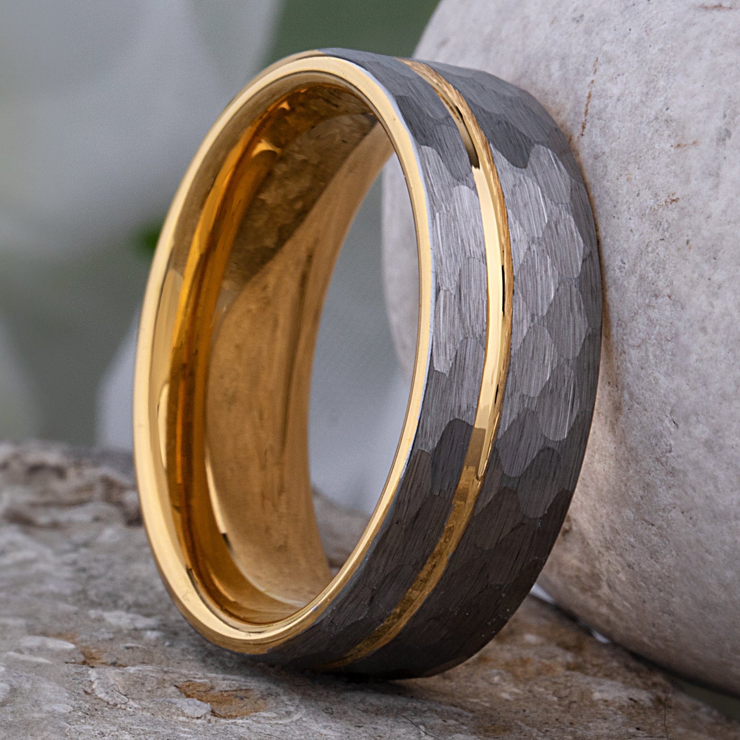 Tungsten Carbide Wedding Band 8mm Wide Satin Finish with Silver and Yellow Gold Contrasting Colors