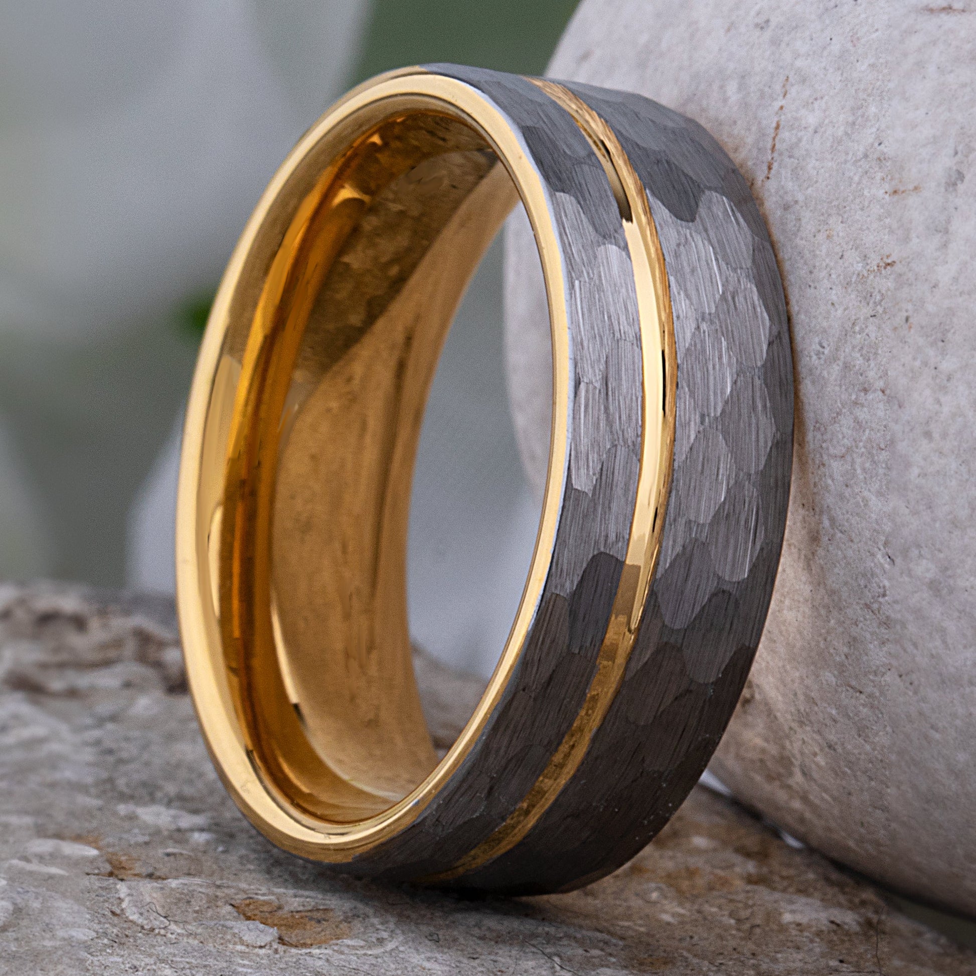 Tungsten Carbide Wedding Band 8mm Wide Satin Finish with Silver and Yellow Gold Contrasting Colors