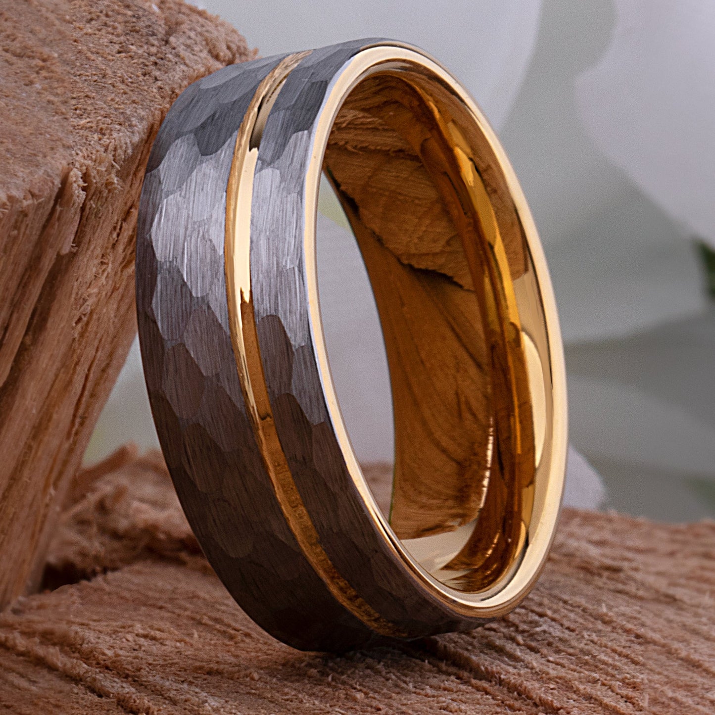 Tungsten Carbide Wedding Band 8mm Wide Satin Finish with Silver and Yellow Gold Contrasting Colors