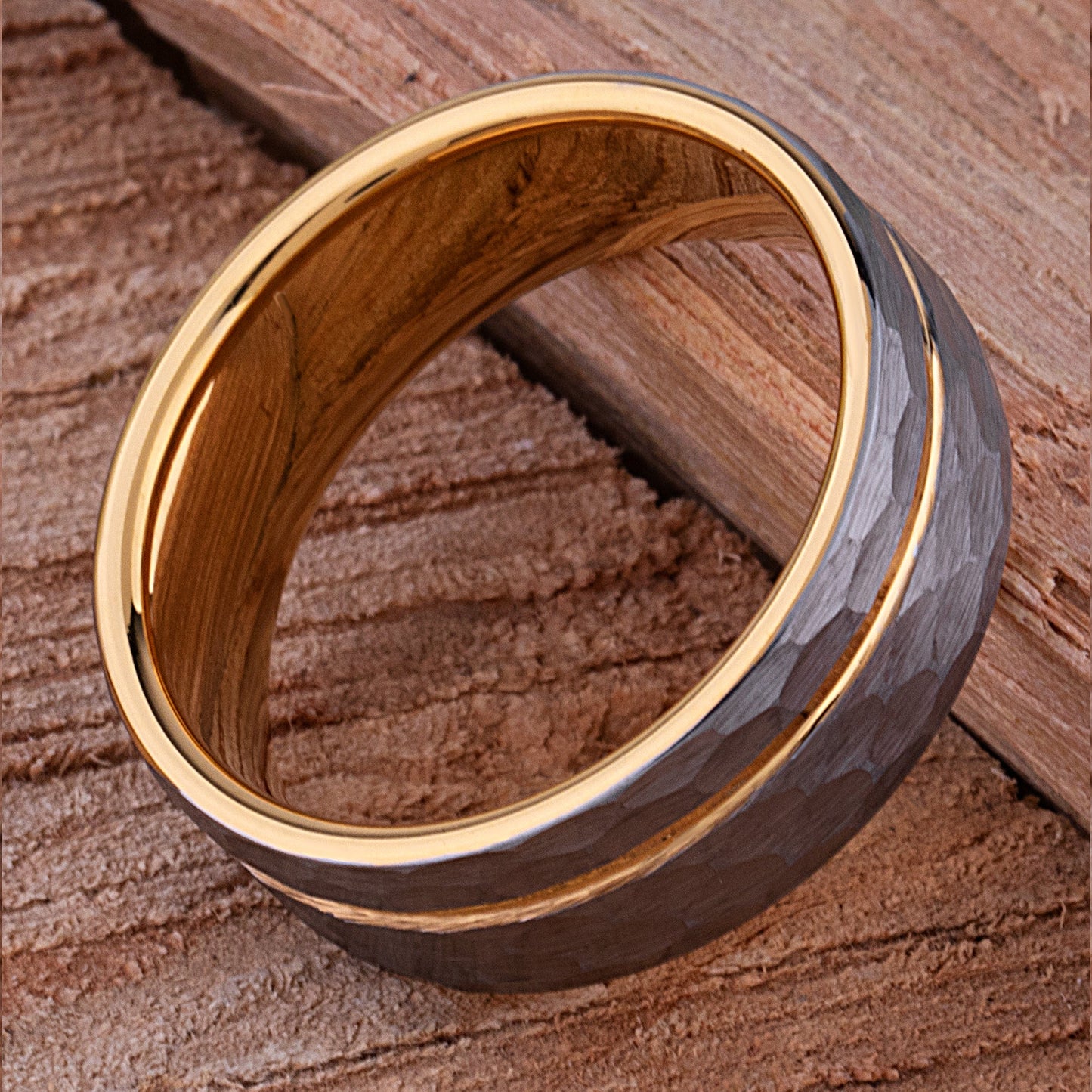 Tungsten Carbide Wedding Band 8mm Wide Satin Finish with Silver and Yellow Gold Contrasting Colors