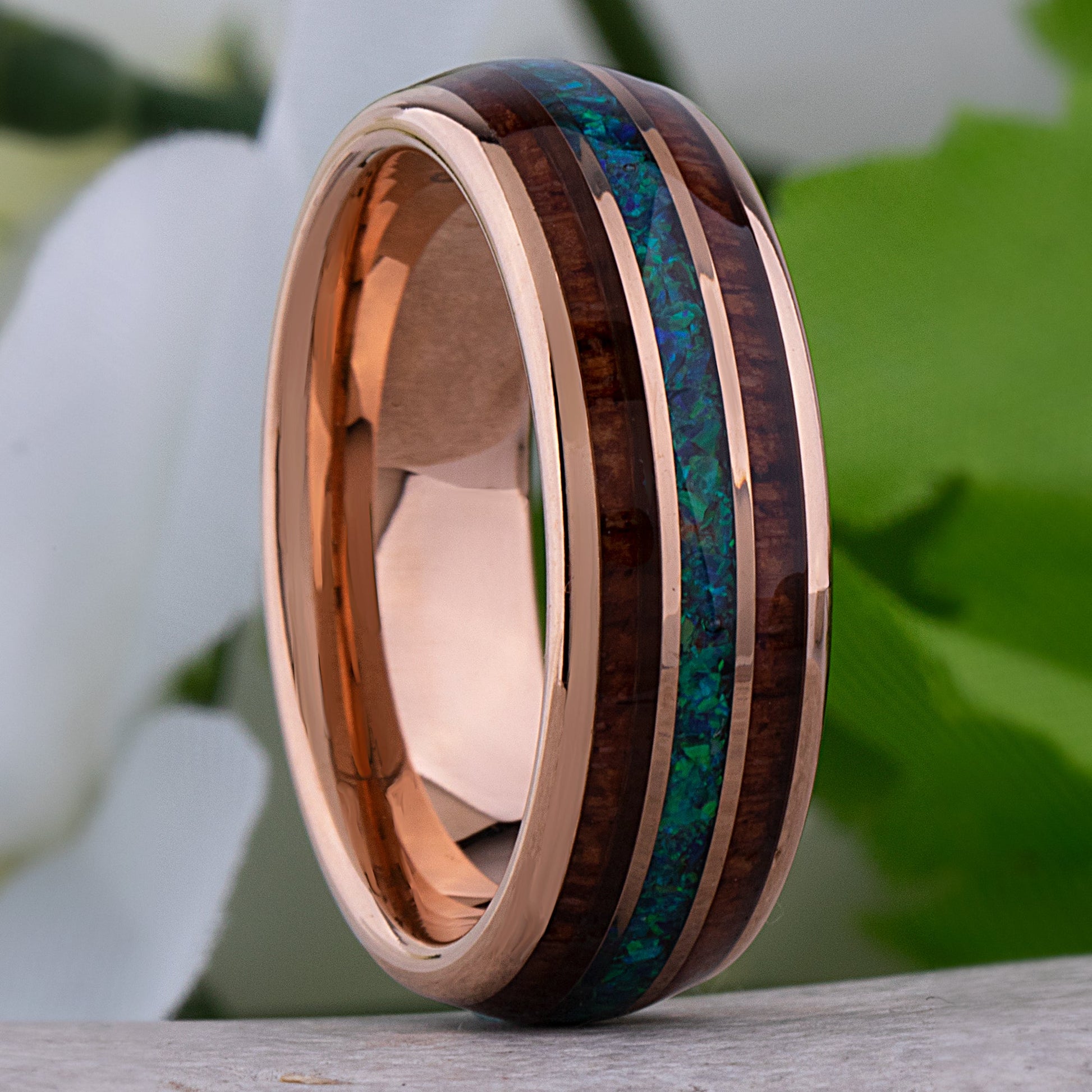 Rose Gold Tungsten Wedding Band 8mm with Opal and Padauk Wood Inlay, Anniversary Engagement Promise Ring, Gift for Him