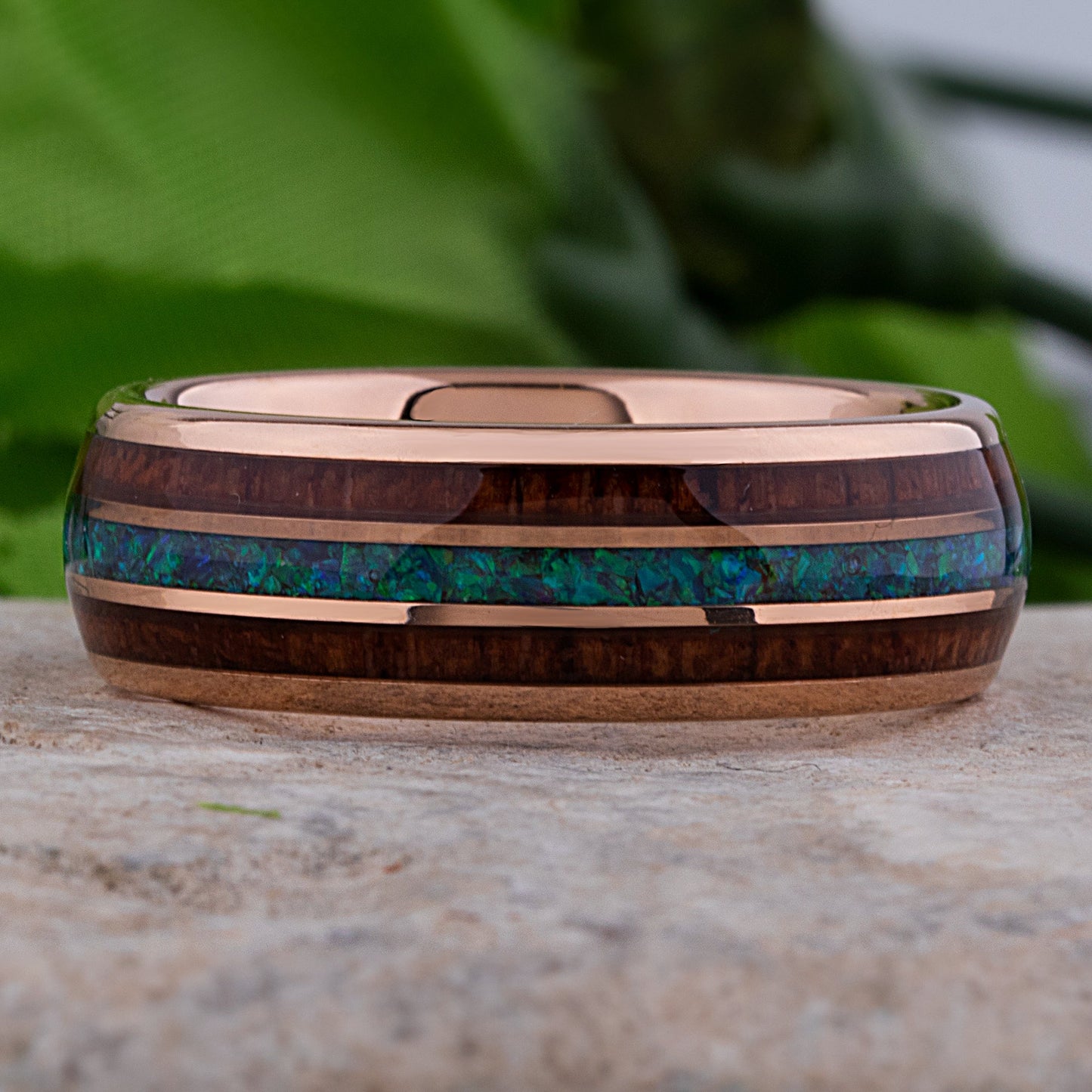 Rose Gold Tungsten Wedding Band 8mm with Opal and Padauk Wood Inlay, Anniversary Engagement Promise Ring, Gift for Him