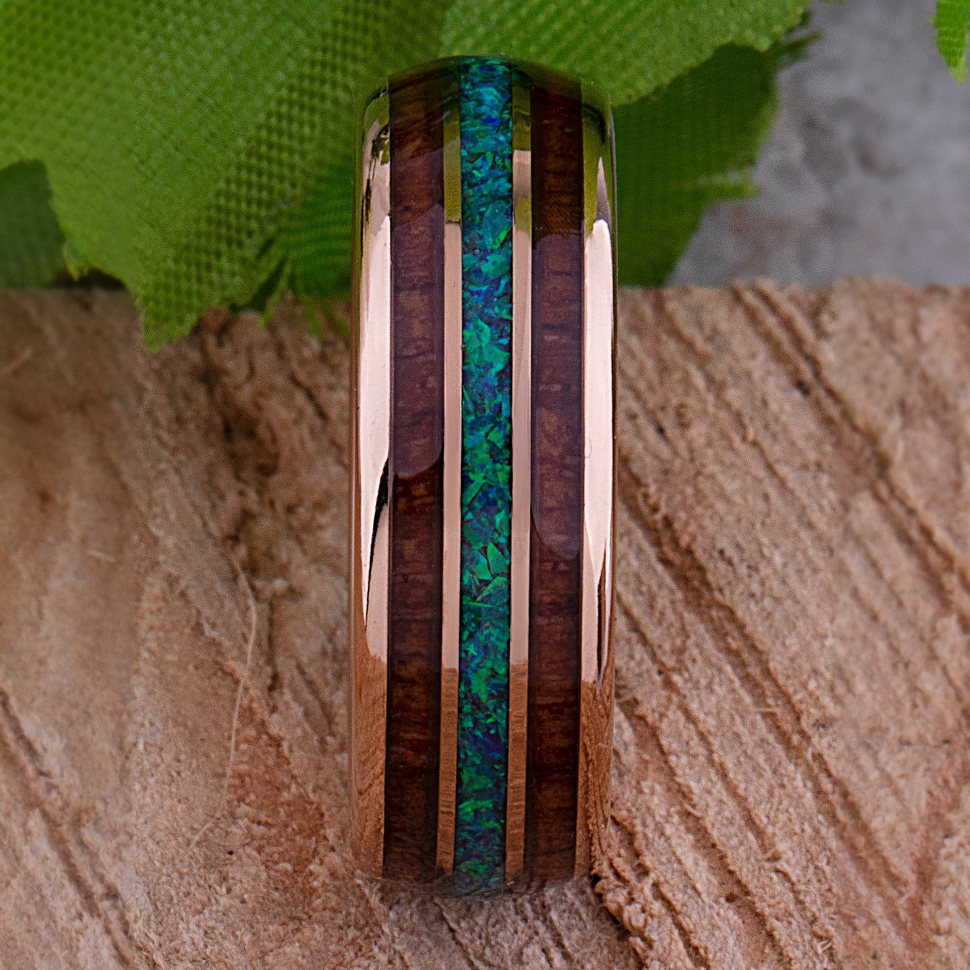 Rose Gold Tungsten Wedding Band 8mm with Opal and Padauk Wood Inlay, Anniversary Engagement Promise Ring, Gift for Him