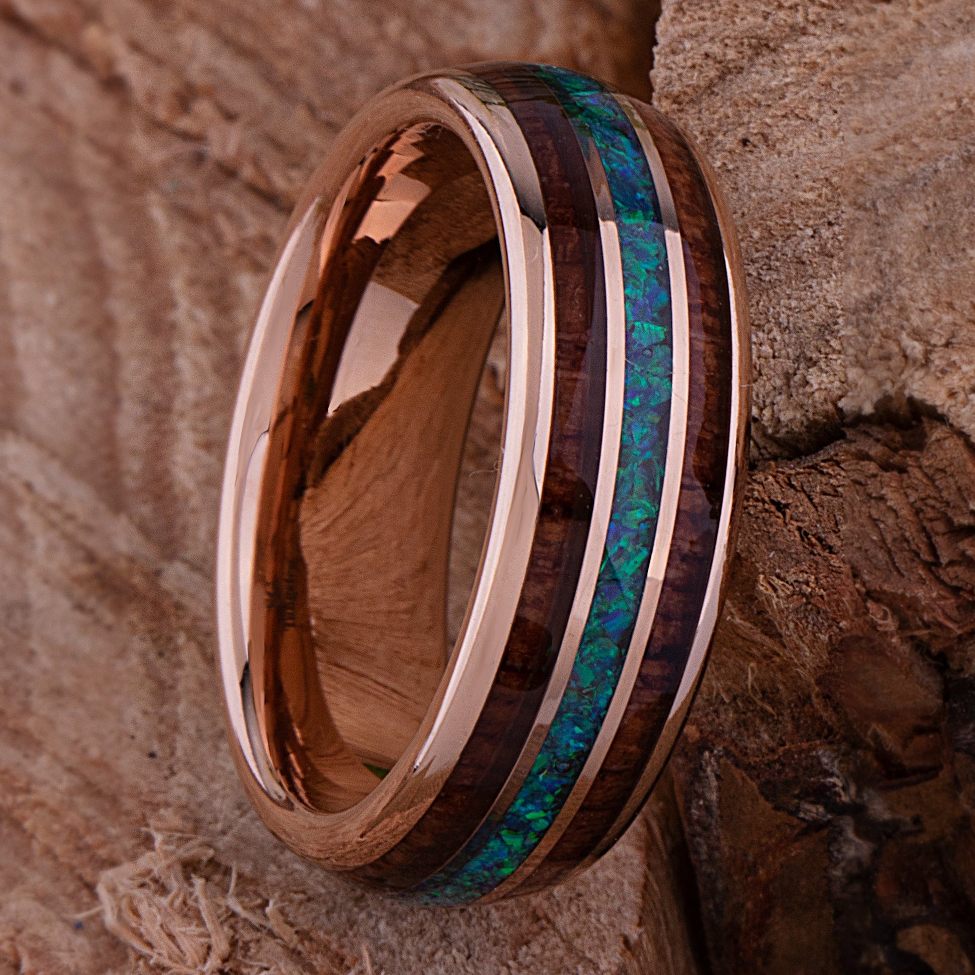 Rose Gold Tungsten Wedding Band 8mm with Opal and Padauk Wood Inlay, Anniversary Engagement Promise Ring, Gift for Him