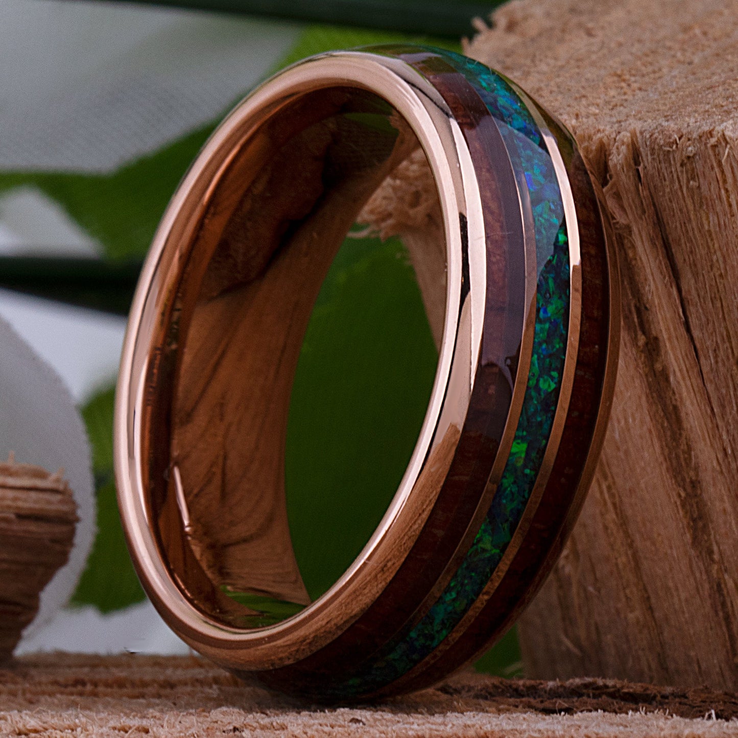 Rose Gold Tungsten Wedding Band 8mm with Opal and Padauk Wood Inlay, Anniversary Engagement Promise Ring, Gift for Him