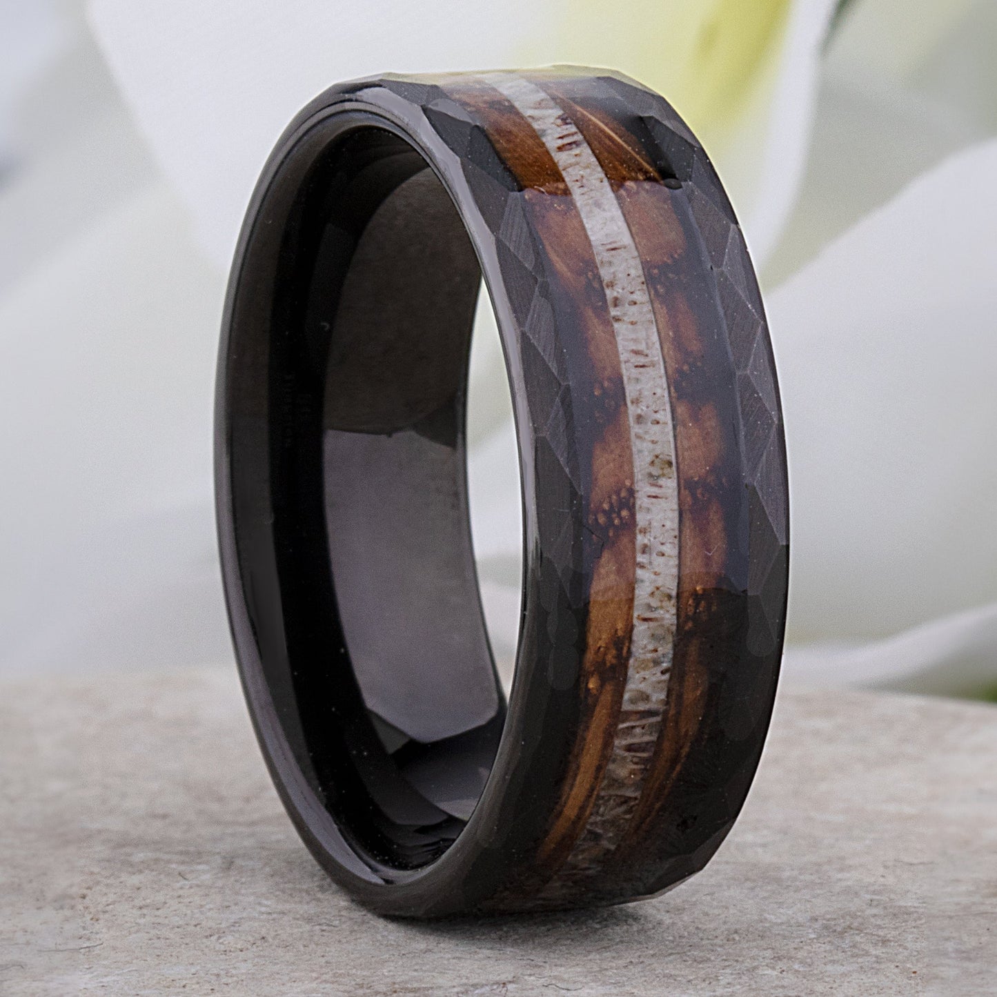 Charred Oak Whiskey Barrel and Deer Antler Inlay Tungsten Carbide Men's Wedding Ring 8mm Wide