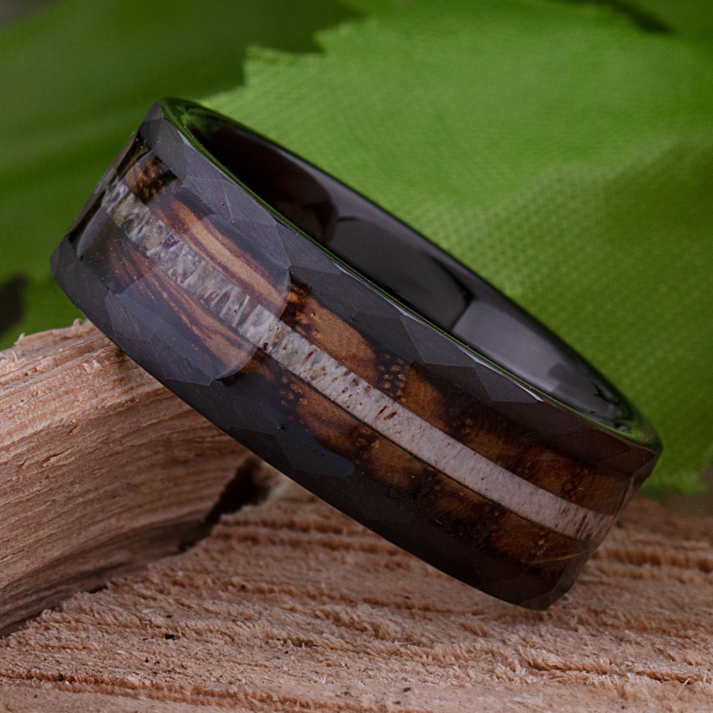 Charred Oak Whiskey Barrel and Deer Antler Inlay Tungsten Carbide Men's Wedding Ring 8mm Wide