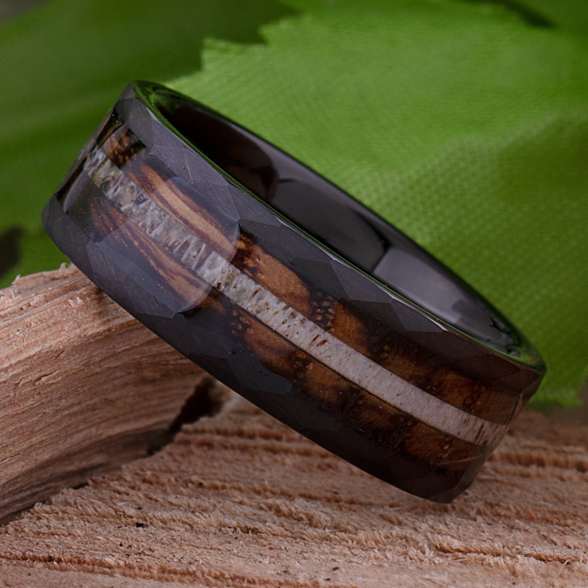 Charred Oak Whiskey Barrel and Deer Antler Inlay Tungsten Carbide Men's Wedding Ring 8mm Wide