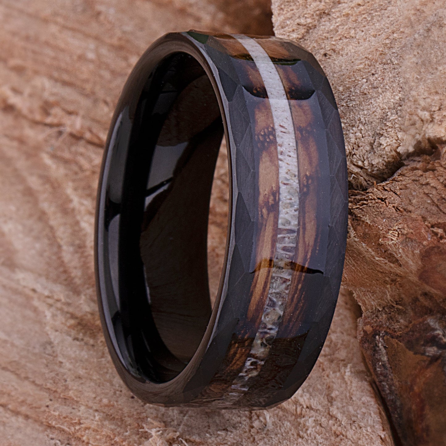 Charred Oak Whiskey Barrel and Deer Antler Inlay Tungsten Carbide Men's Wedding Ring 8mm Wide
