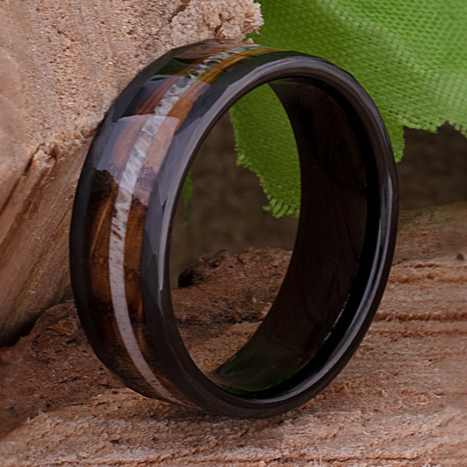 Charred Oak Whiskey Barrel and Deer Antler Inlay Tungsten Carbide Men's Wedding Ring 8mm Wide