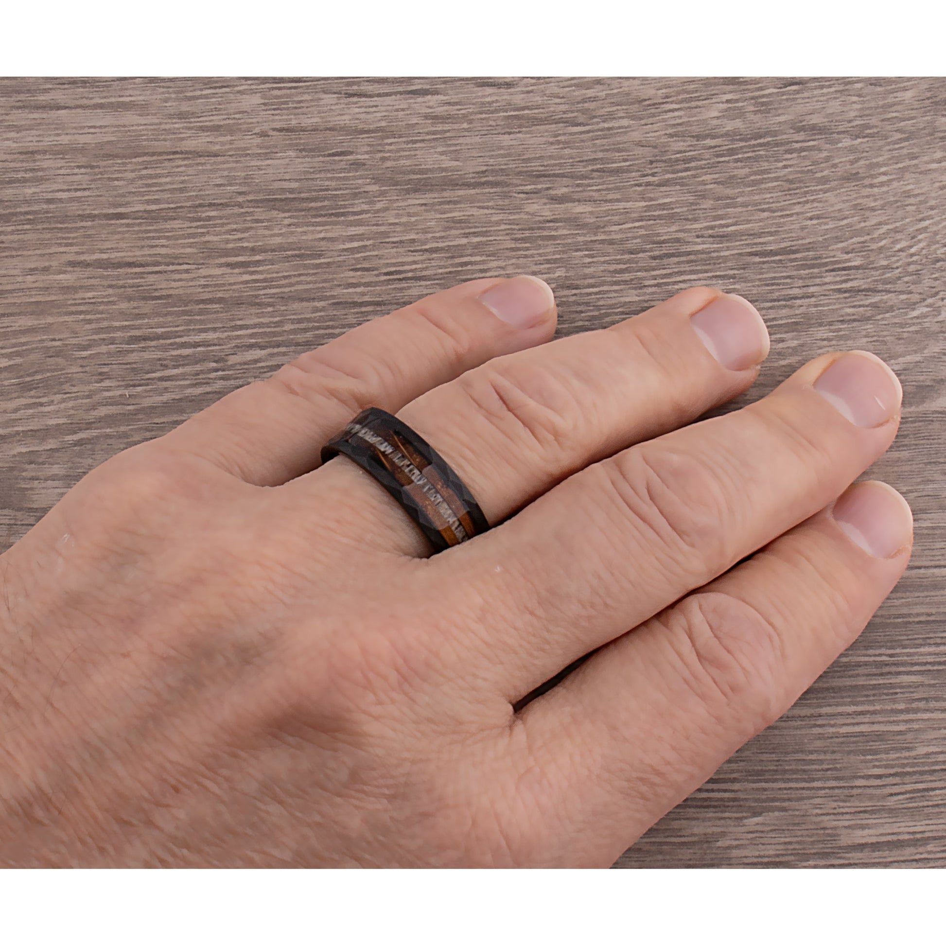 Charred Oak Whiskey Barrel and Deer Antler Inlay Tungsten Carbide Men's Wedding Ring 8mm Wide