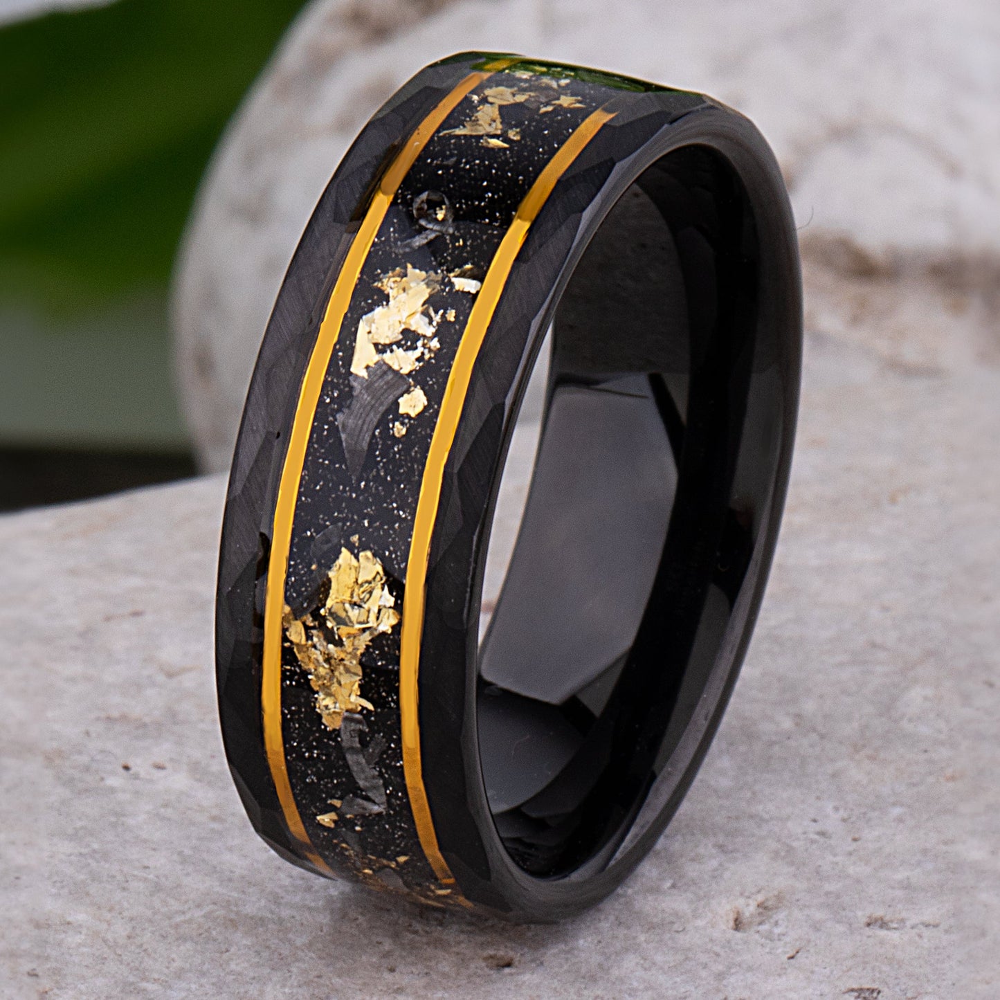 Yellow Gold Leaf & Meteorite Inlay Black Tungsten 8mm Width