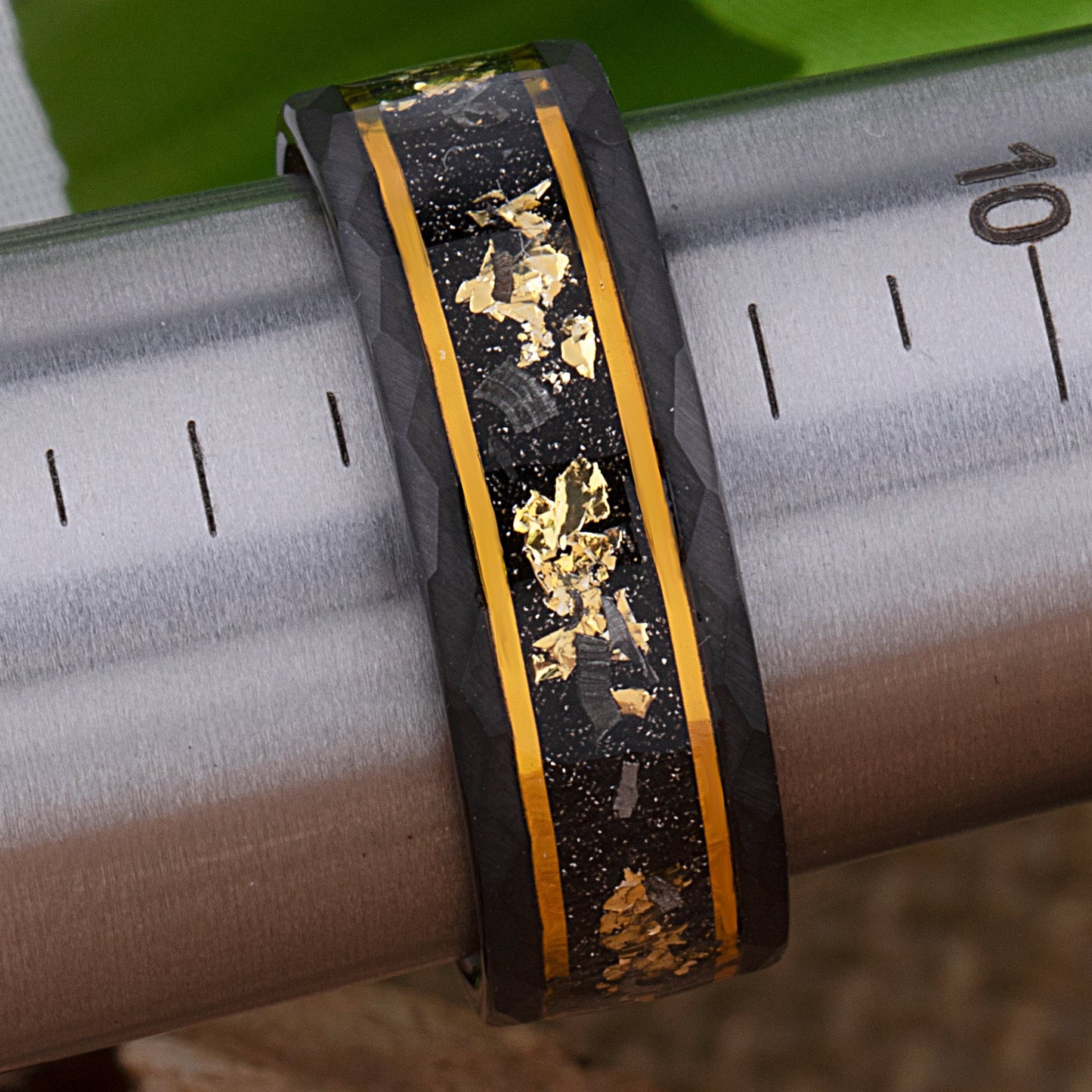 Yellow Gold Leaf & Meteorite Inlay Black Tungsten 8mm Width